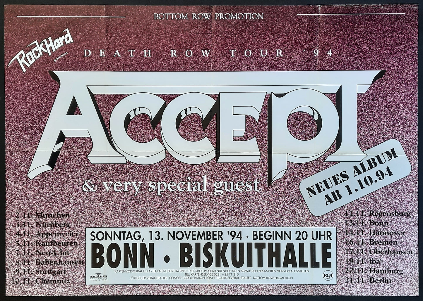 ACCEPT 1994 Original Concert Poster - November 13, Bonn Germany