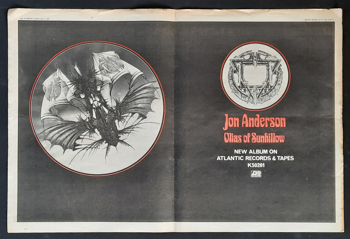 JON ANDERSON 1976 Poster/double sided Press Ad Album "Olias Of Sunhillow"