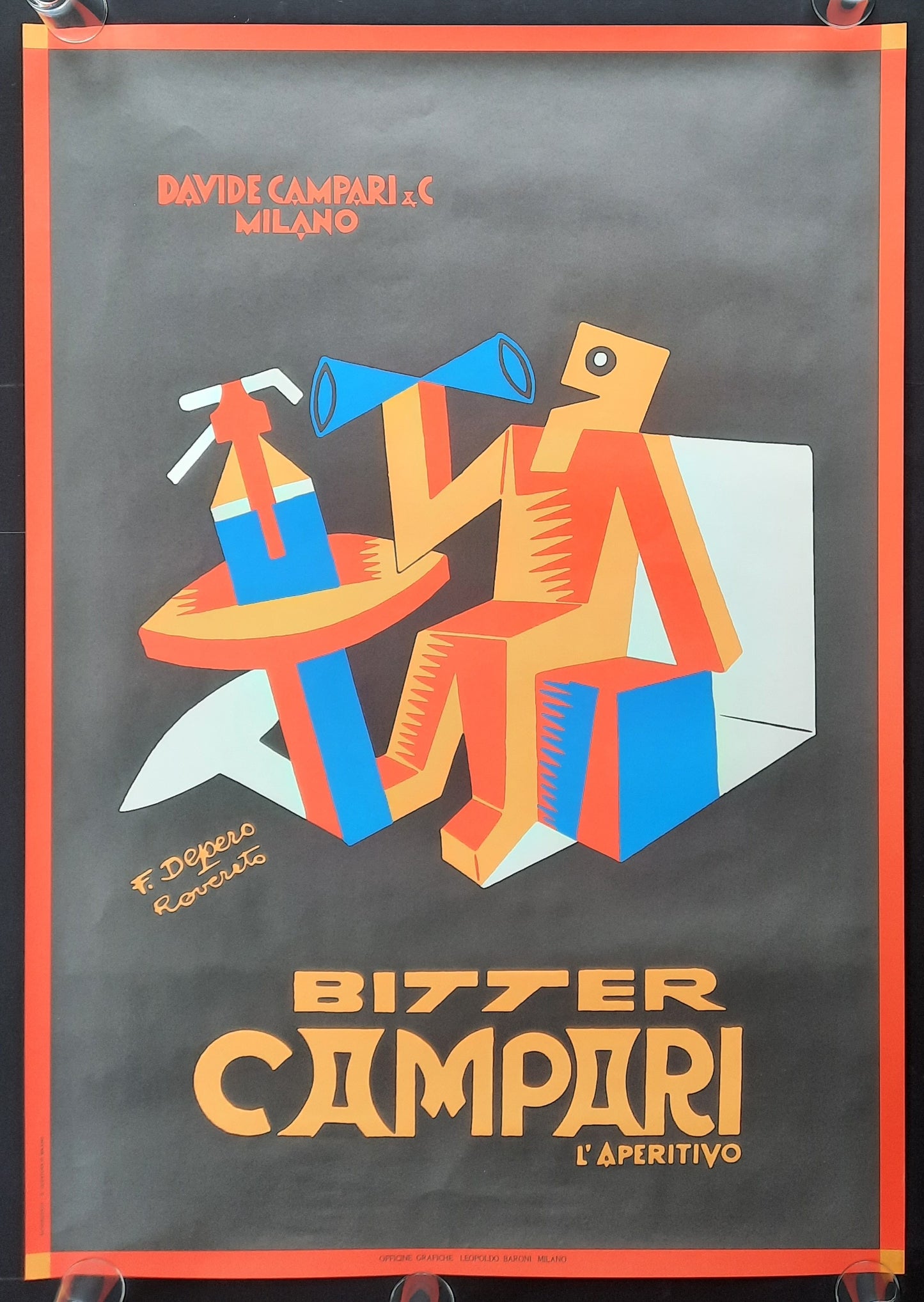 BITTER CAMPARI Original Advertising Poster 1980s by Fortunato Depero, Italy 27 x 38 inch