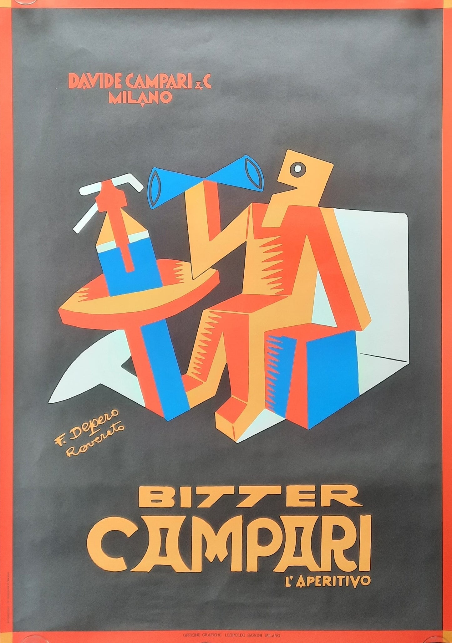 BITTER CAMPARI Original Advertising Poster 1980s by Fortunato Depero, Italy 27 x 38 inch