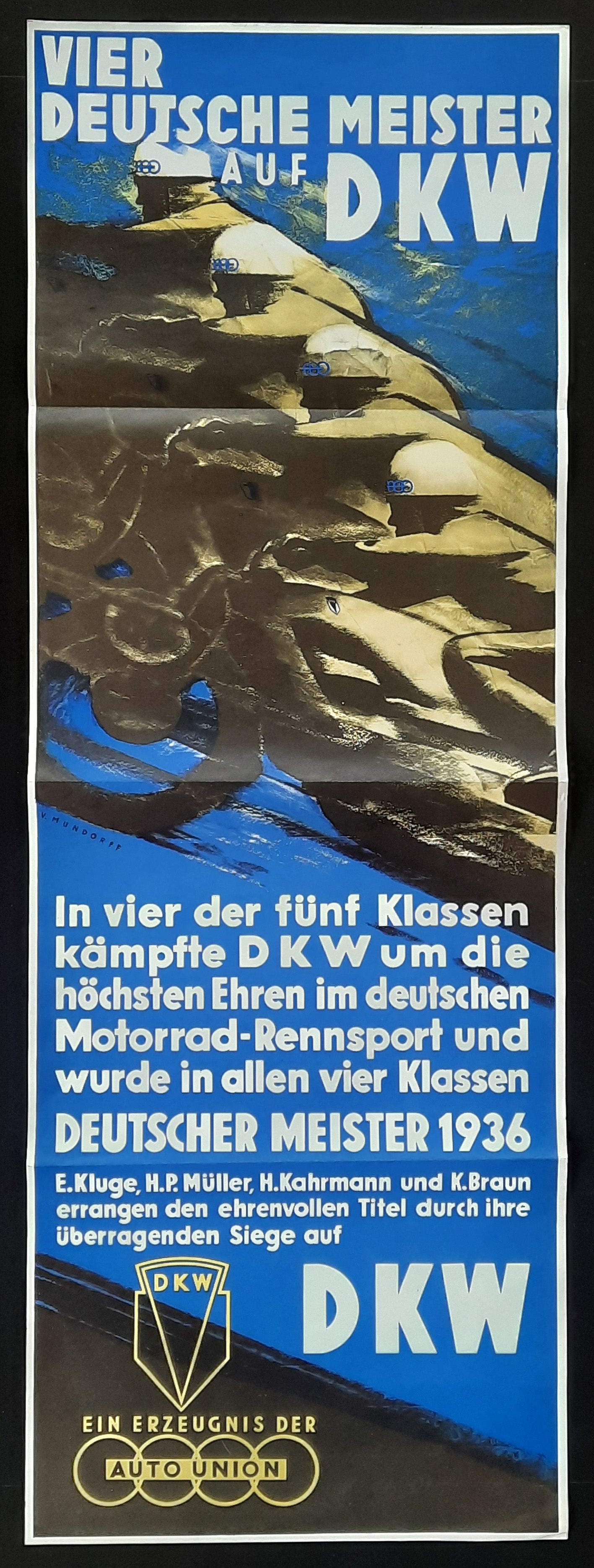 DKW - AUTO UNION Original Advertising Poster 1936 Motorcycling