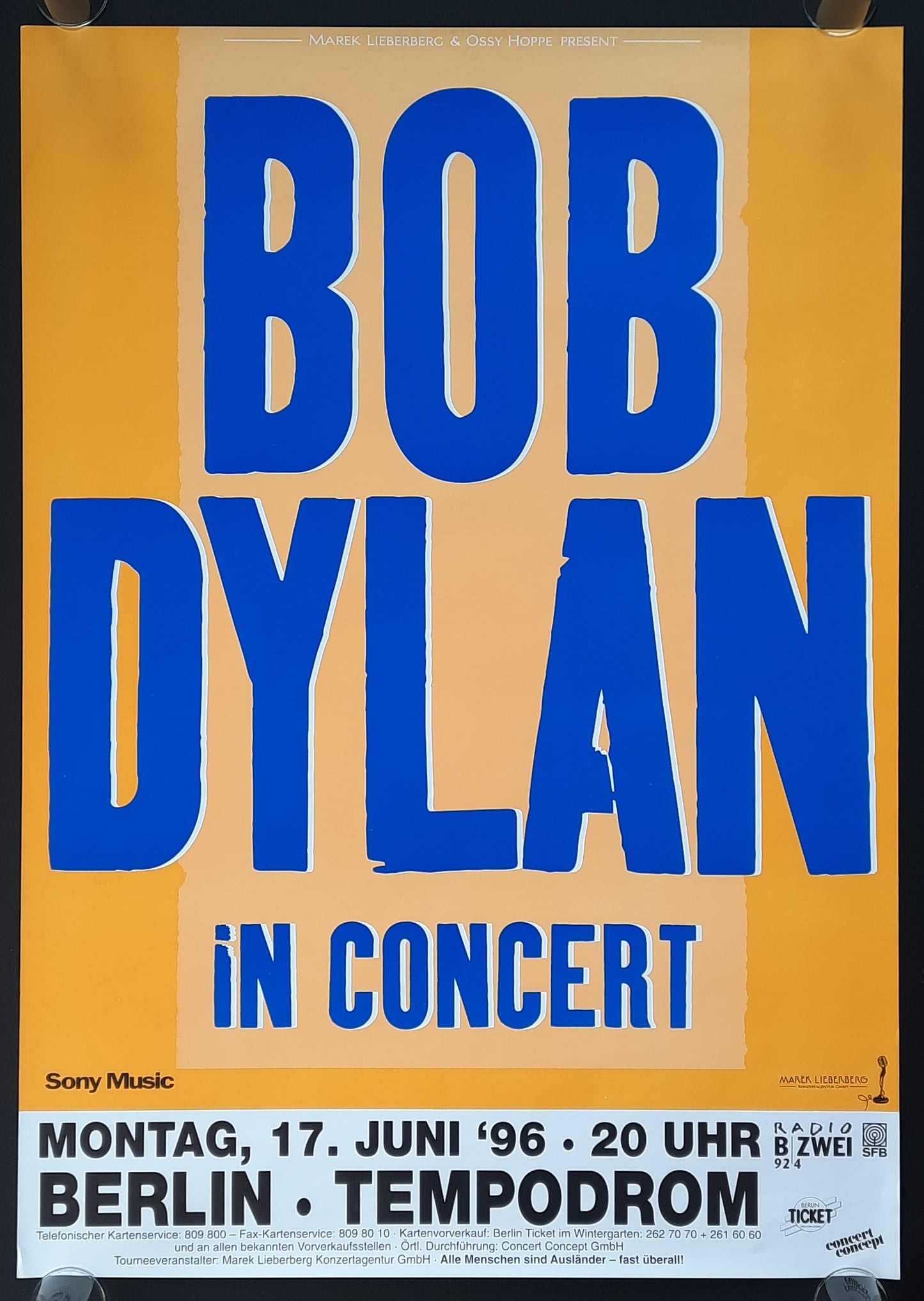 BOB DYLAN Original Concert Poster June 17, 1996 Berlin Germany 1st print