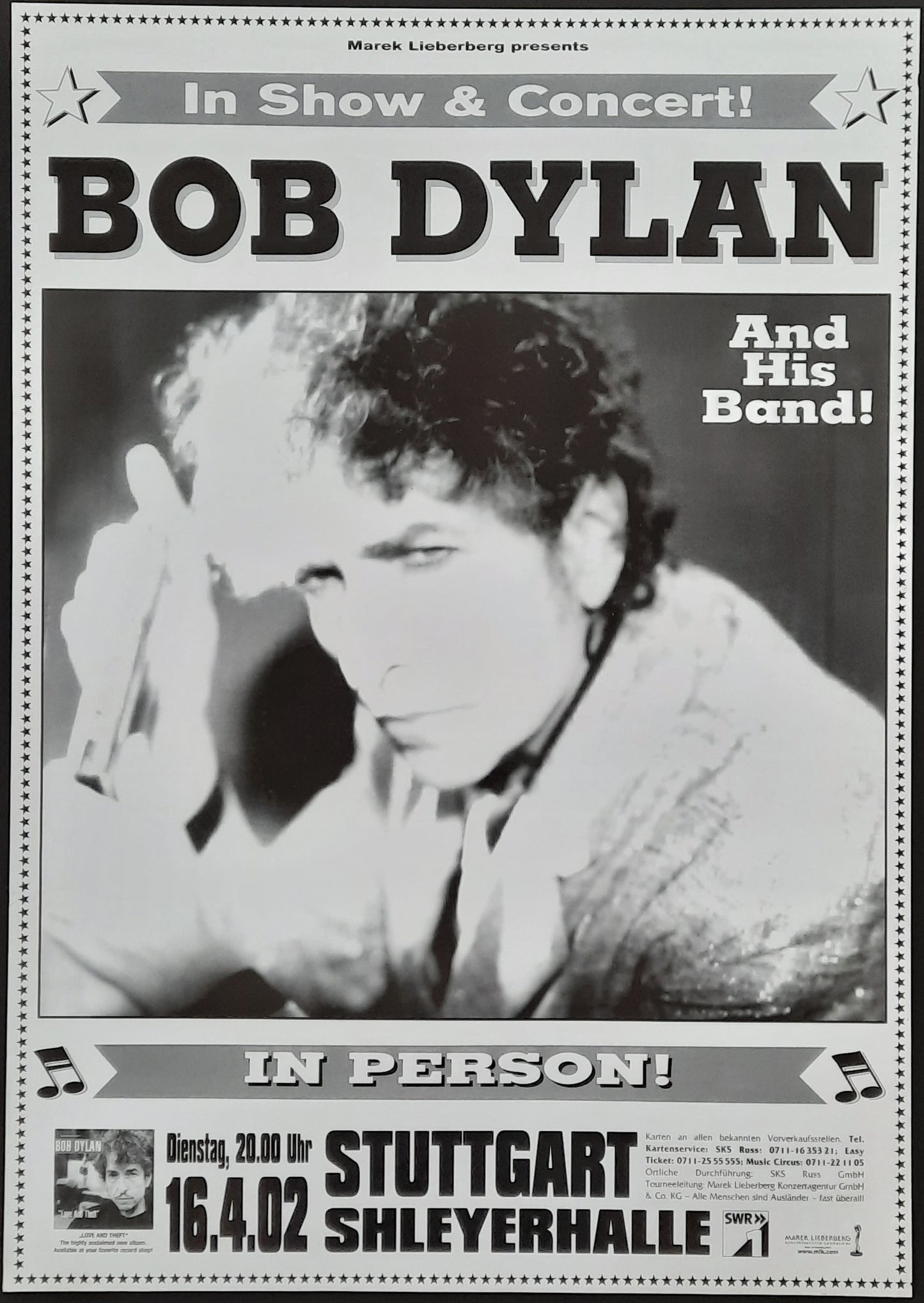 BOB DYLAN Original Concert Poster April 16, 2002 Stuttgart Germany 1st print