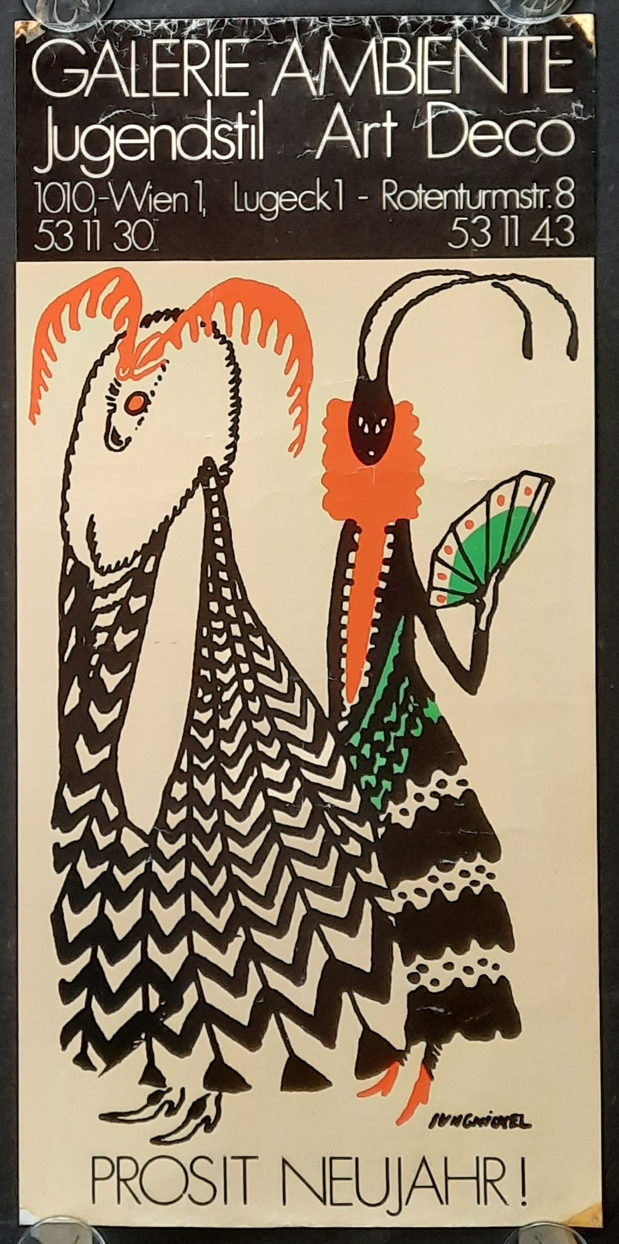 GALERIE AMBIENTE Original Advertising Poster 1980 Jugendstil Vienna Austria NEW YEAR 30x62,5 (2) 1