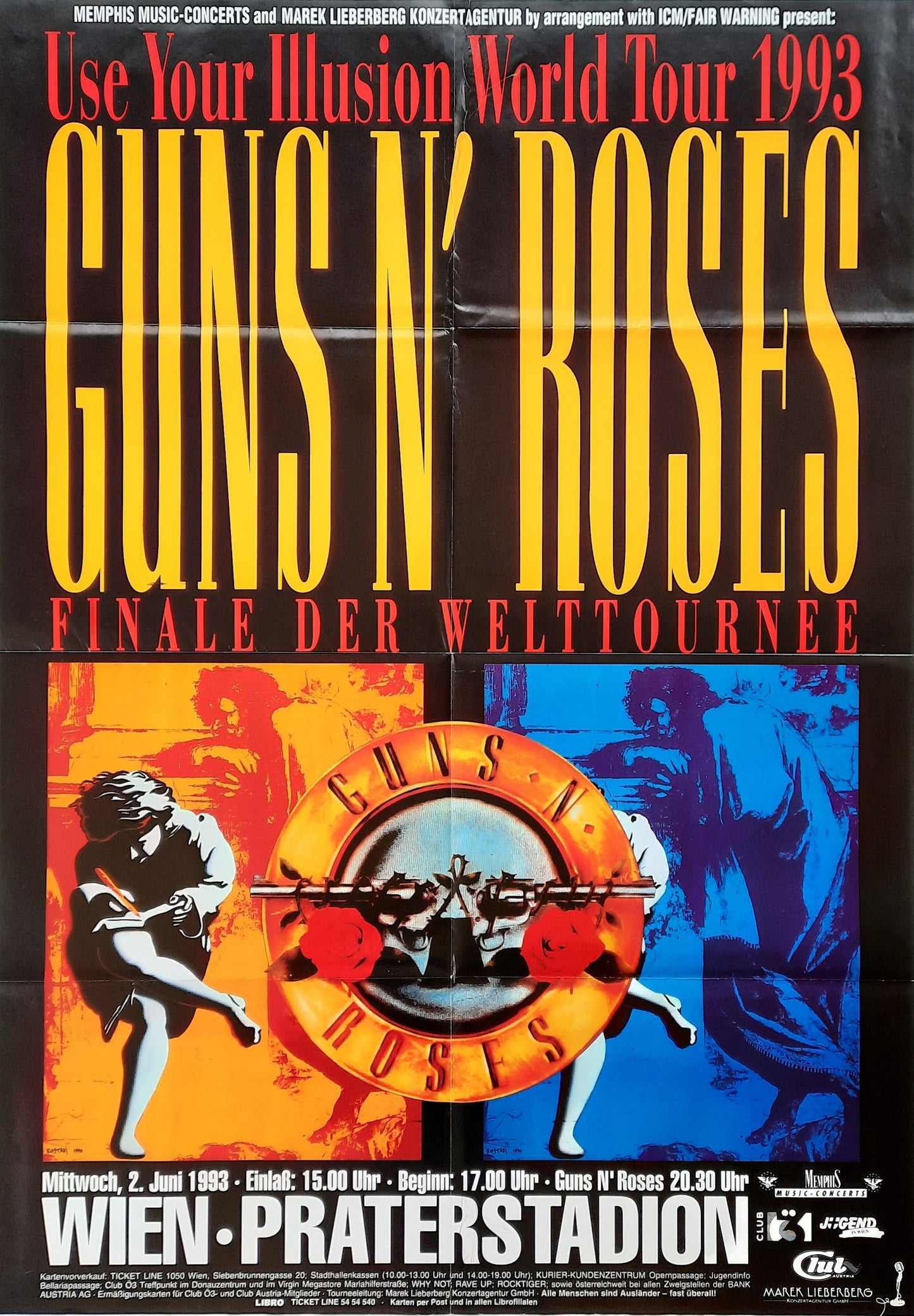 GUNS N' ROSES Original Concert Poster July 2, 1993 Vienna Austria SUBWAY POSTER
