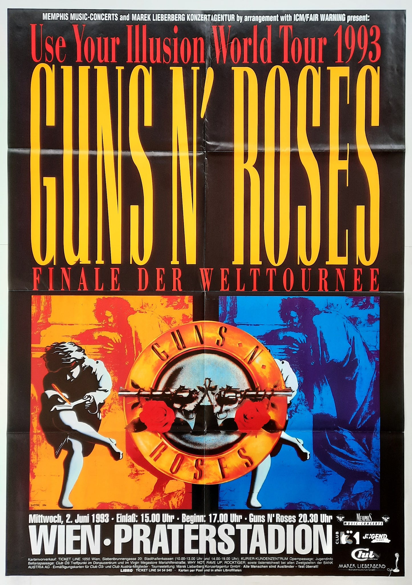 GUNS N' ROSES Original Concert Poster July 2, 1993 Vienna Austria SUBWAY POSTER