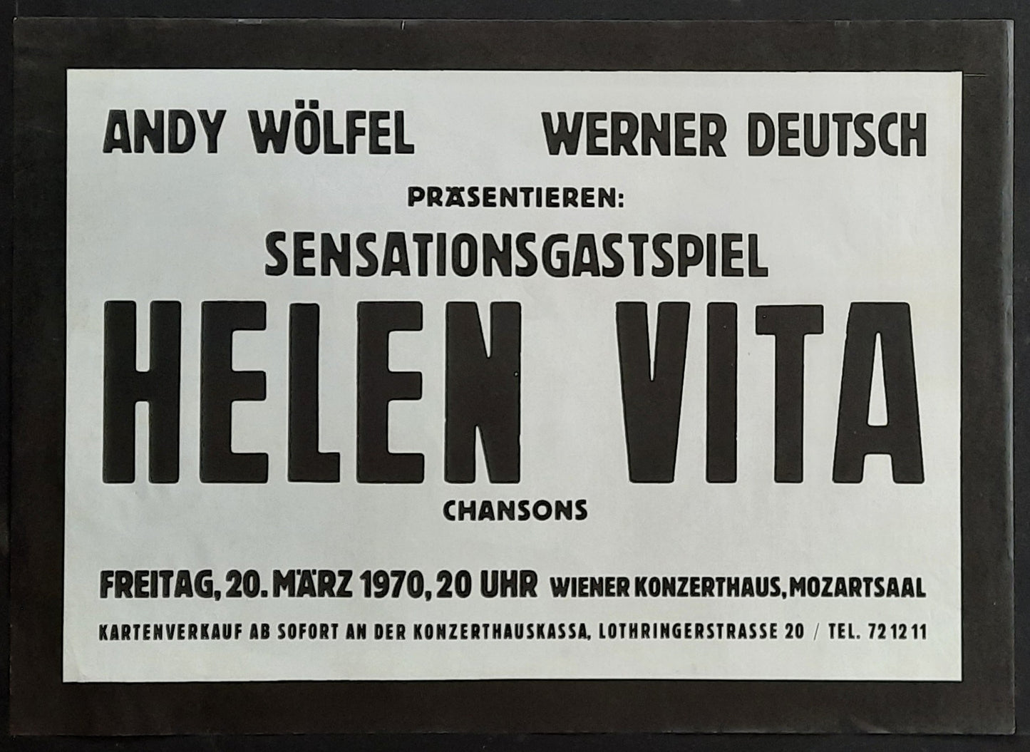 HELEN VITA 1970 Original Concert Poster - March 20 Vienna Austria