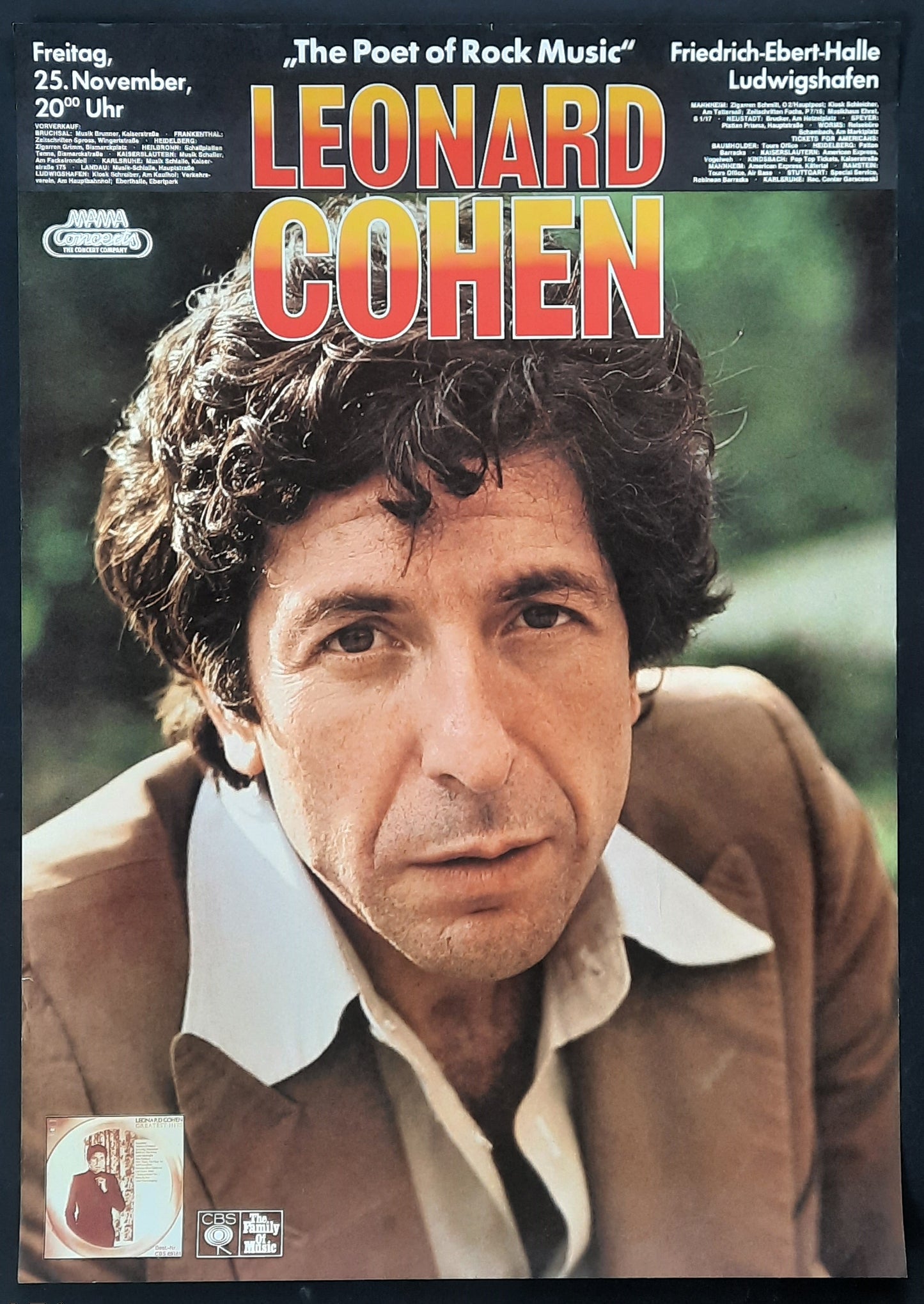 LEONARD COHEN Original Concert Poster November 25, 1977 Ludwigshafen Germany