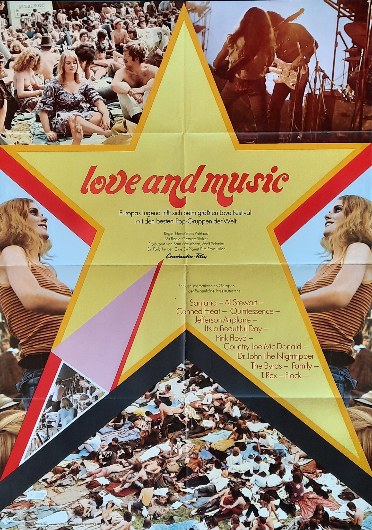 LOVE AND MUSIC 1971 "Holland Pop Festival 1970" Pink Floyd Santana German 1 Sheet Poster