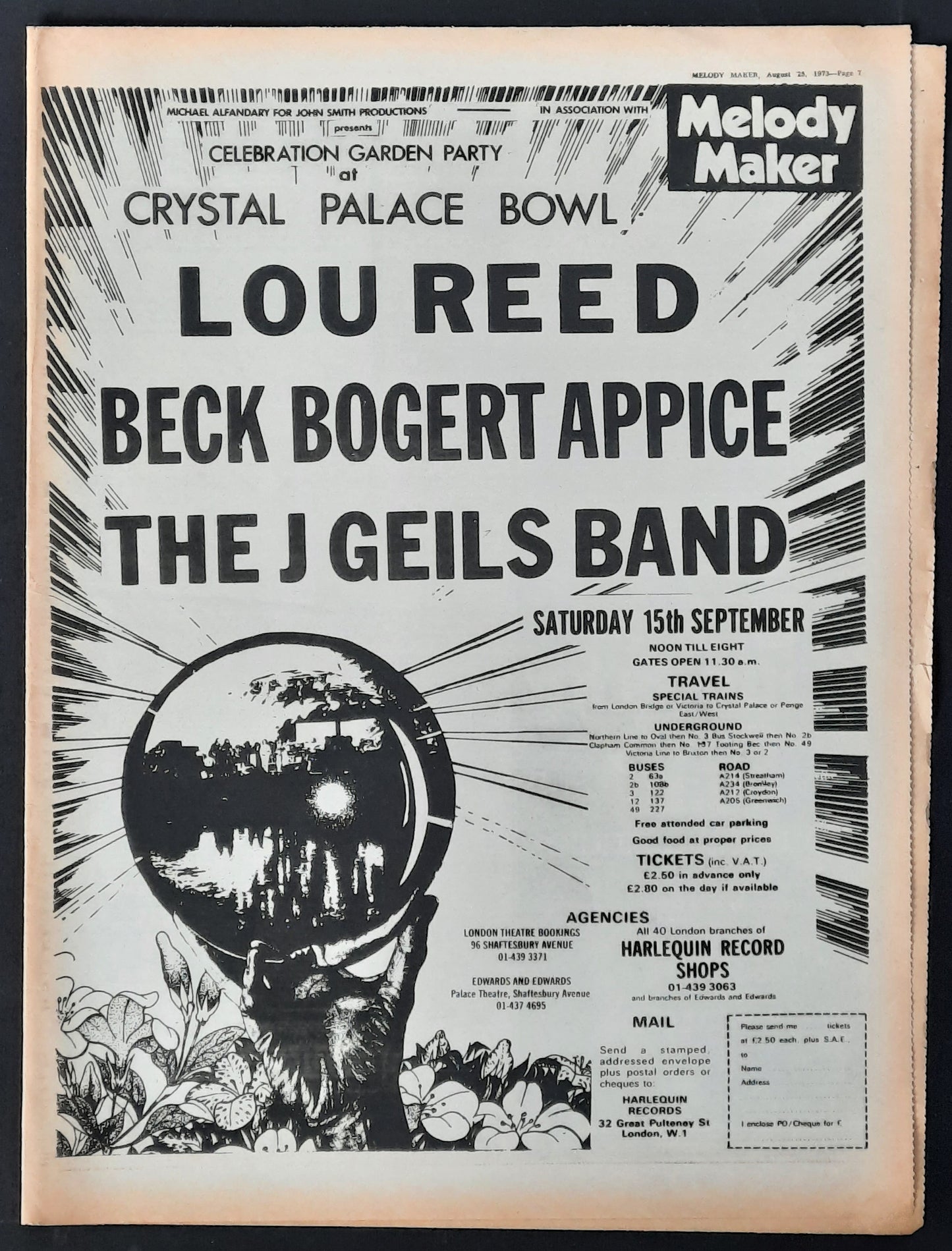 LOU REED / JEFF BECK 1973 Poster/Press Ad Concert "Crystal Palace Bowl"