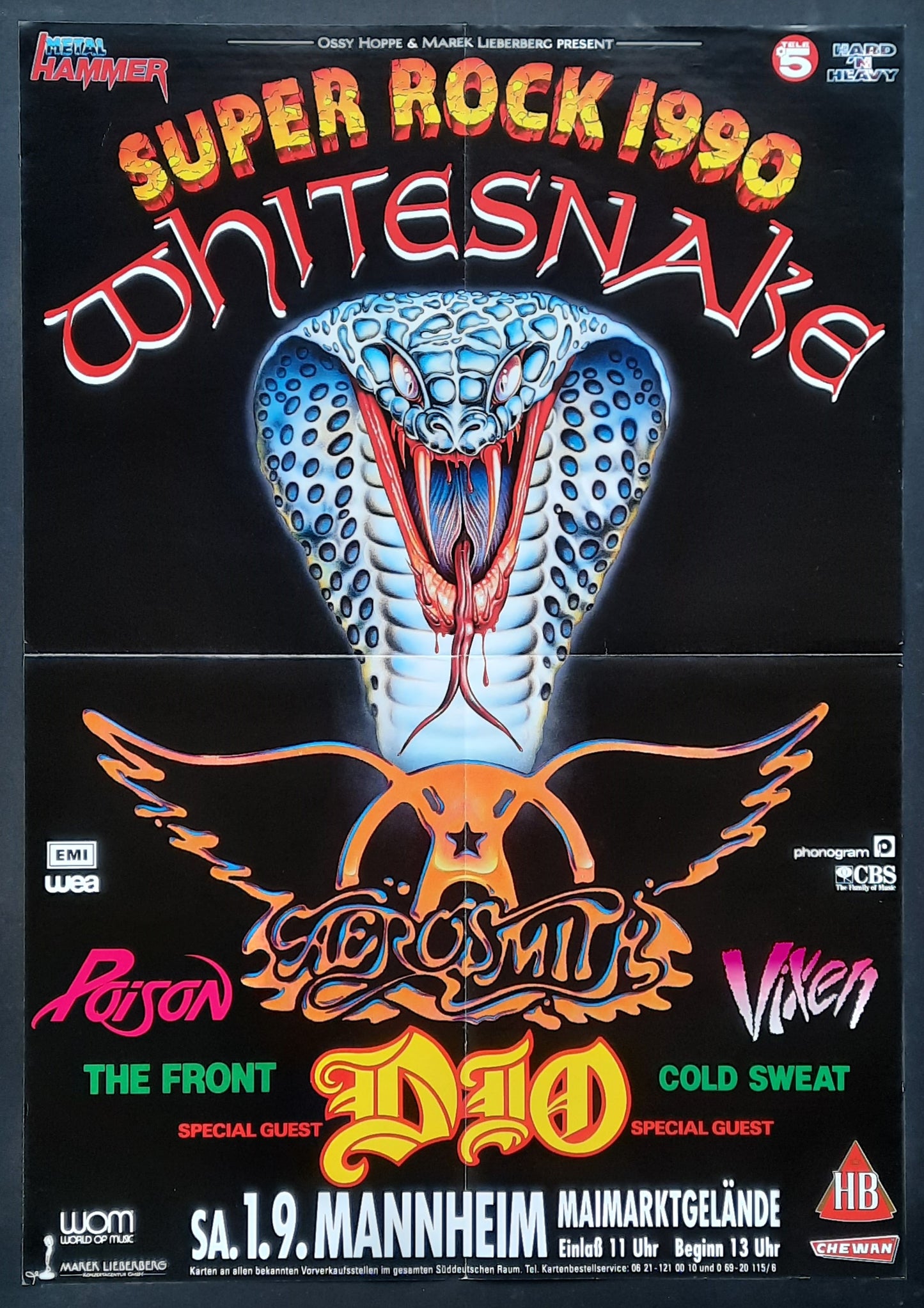 WHITESNAKE - AEROSMITH Original Concert Poster September 1, 1990 Mannheim SUPER ROCK FESTIVAL