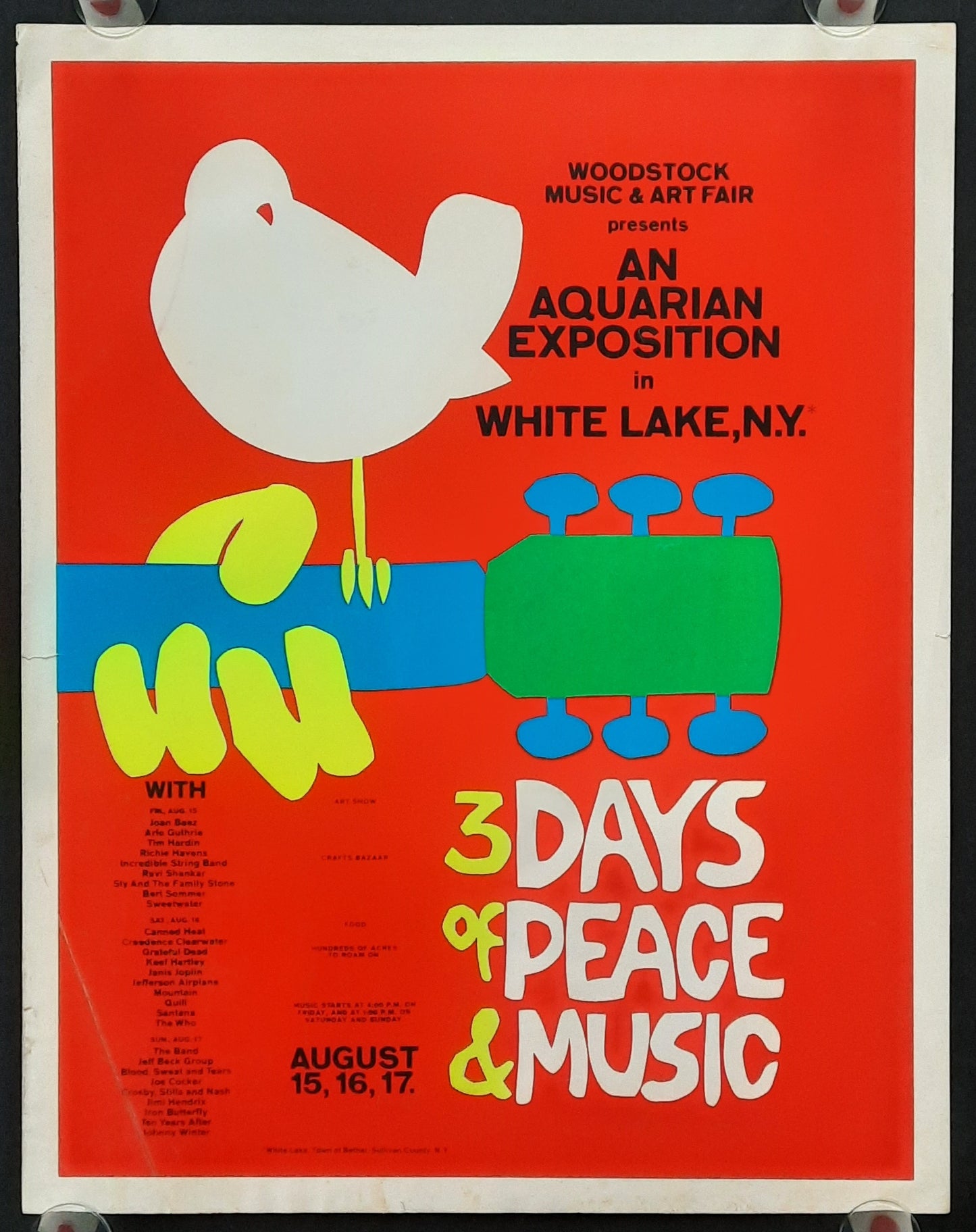 WOODSTOCK Original Concert Poster 1969 Hendrix Santana etc Prototype Version 1
