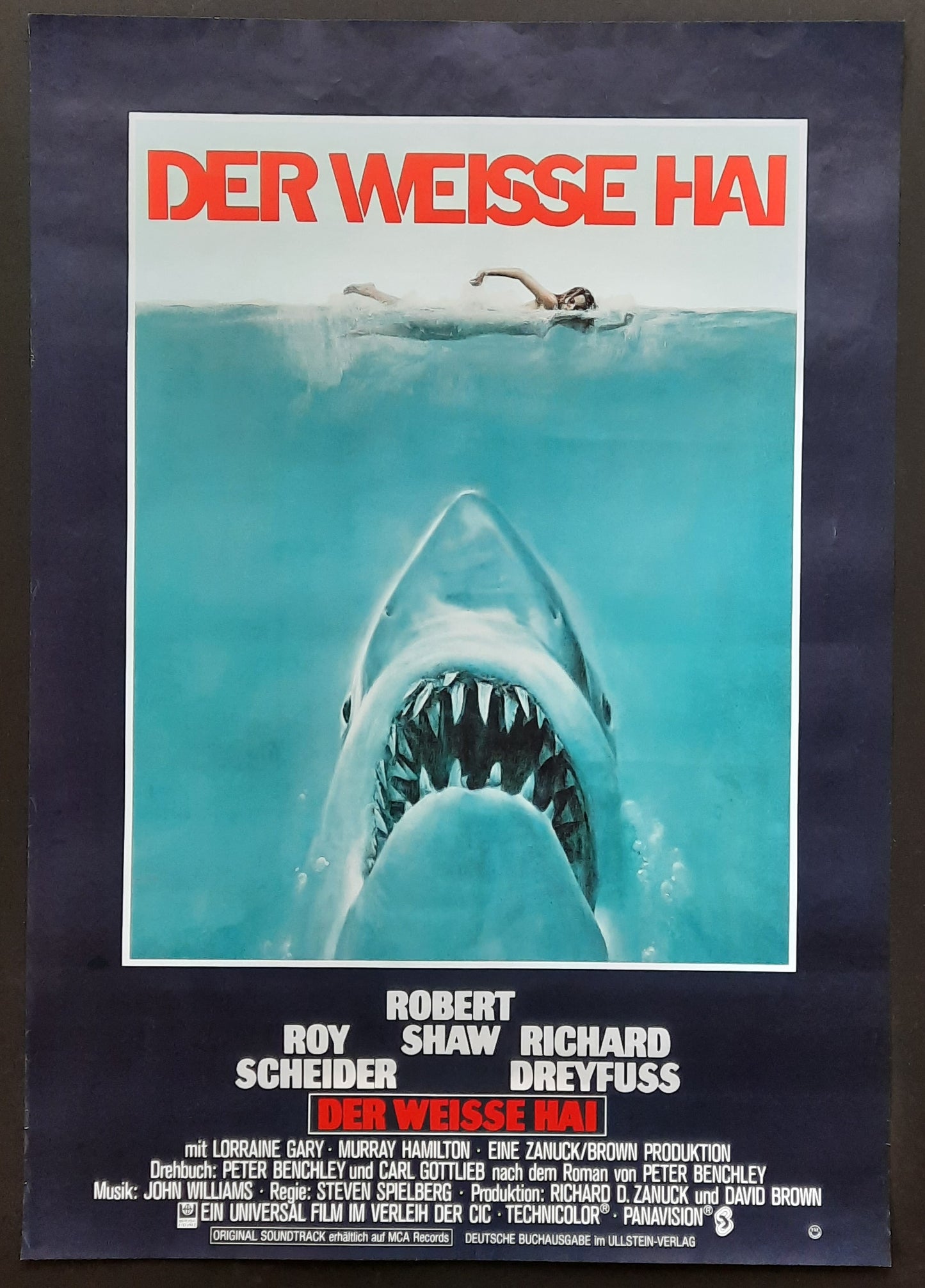 JAWS 1975 Steven Spielberg Roy Scheider Richard Dreyfuss Robert Shaw German 1-Sheet-Movie-Poster ROLLED Design by Roger Kastel
