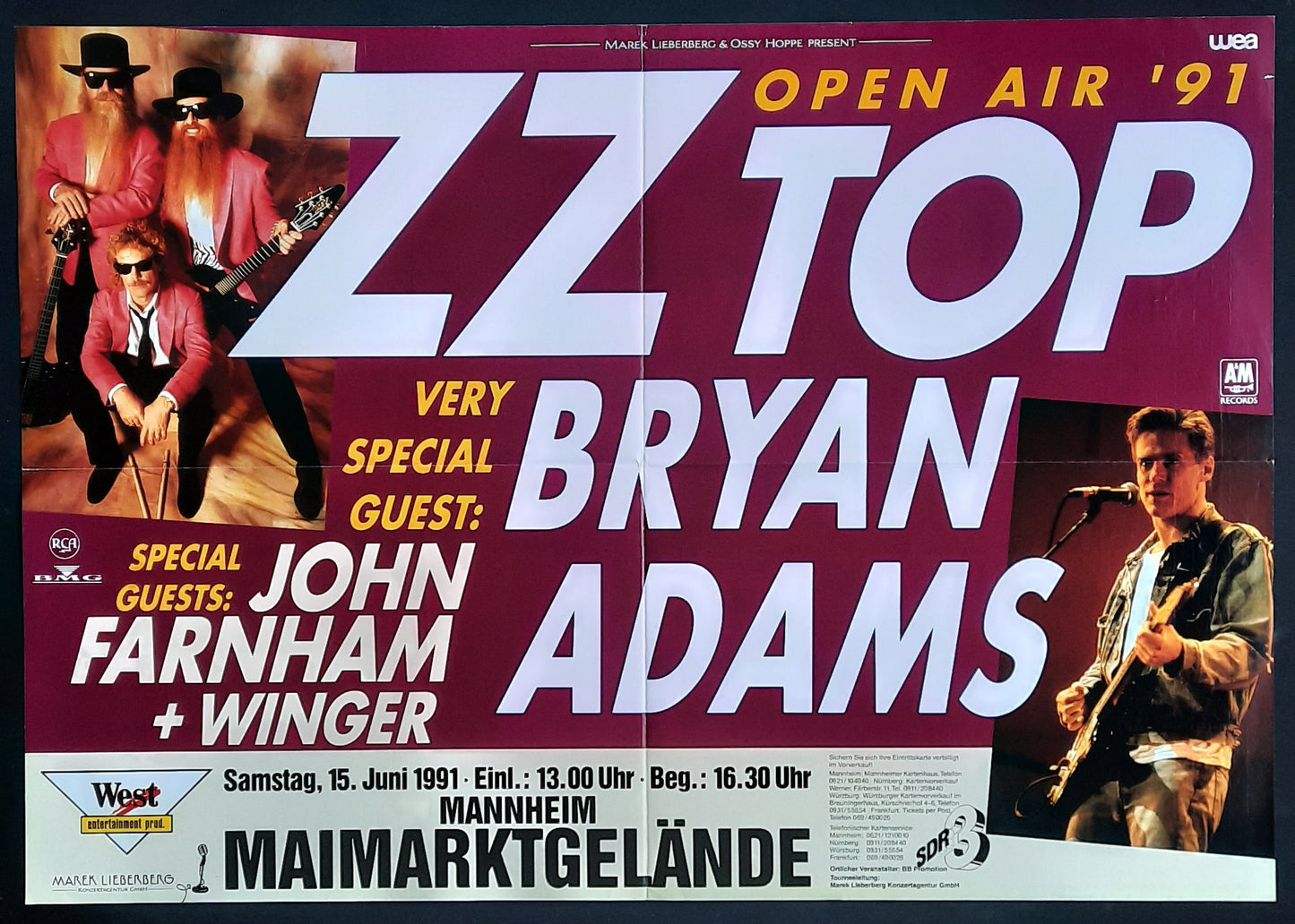 ZZ TOP - BRYAN ADAMS Original Concert Poster June 15, 1991 Mannheim Germany OPEN AIR '91