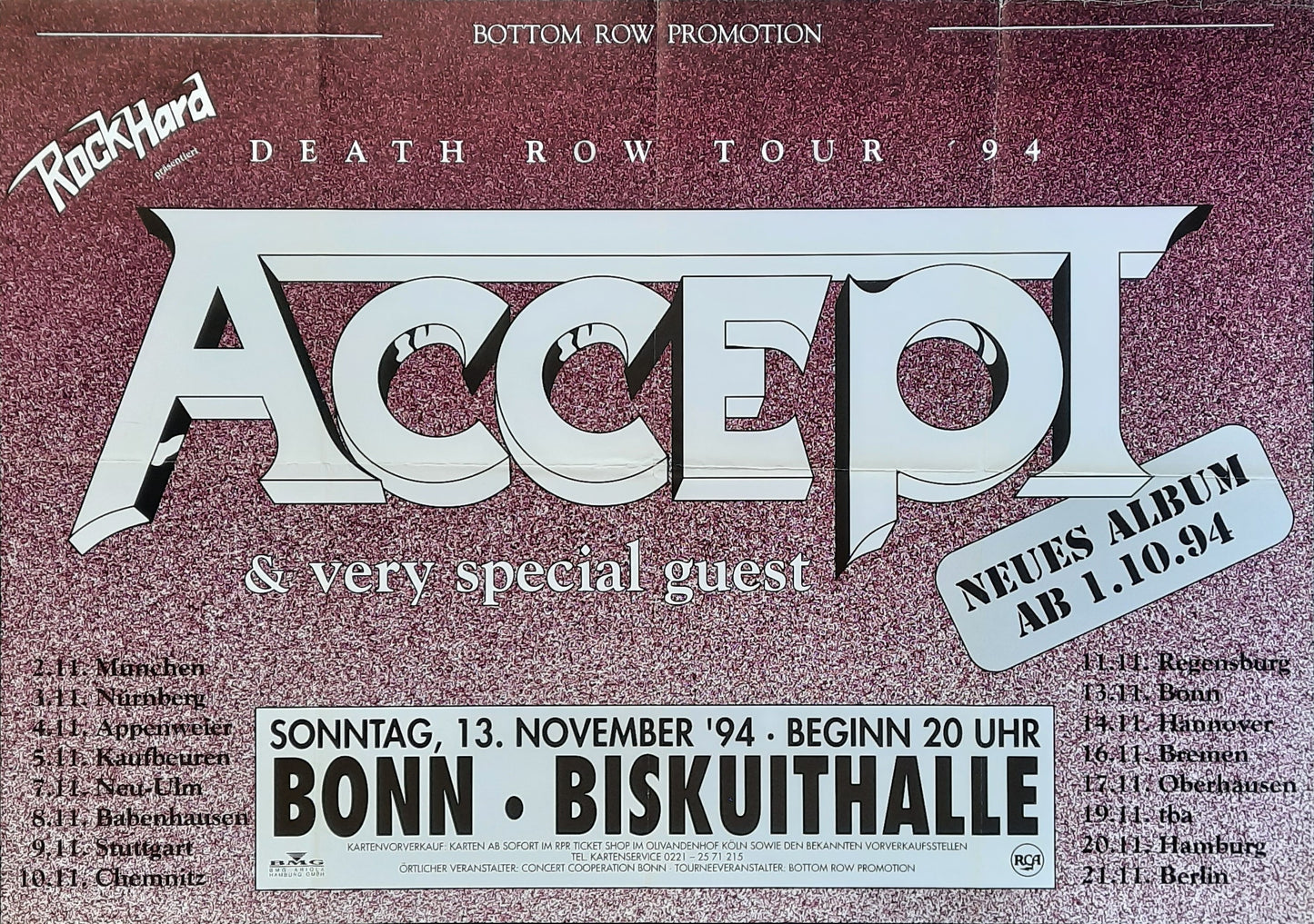 ACCEPT 1994 Original Concert Poster - November 13, Bonn Germany