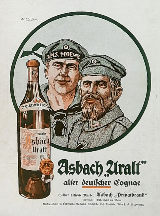 Newspaper advertisement for ASBACH URALT Cognac Germany 1915