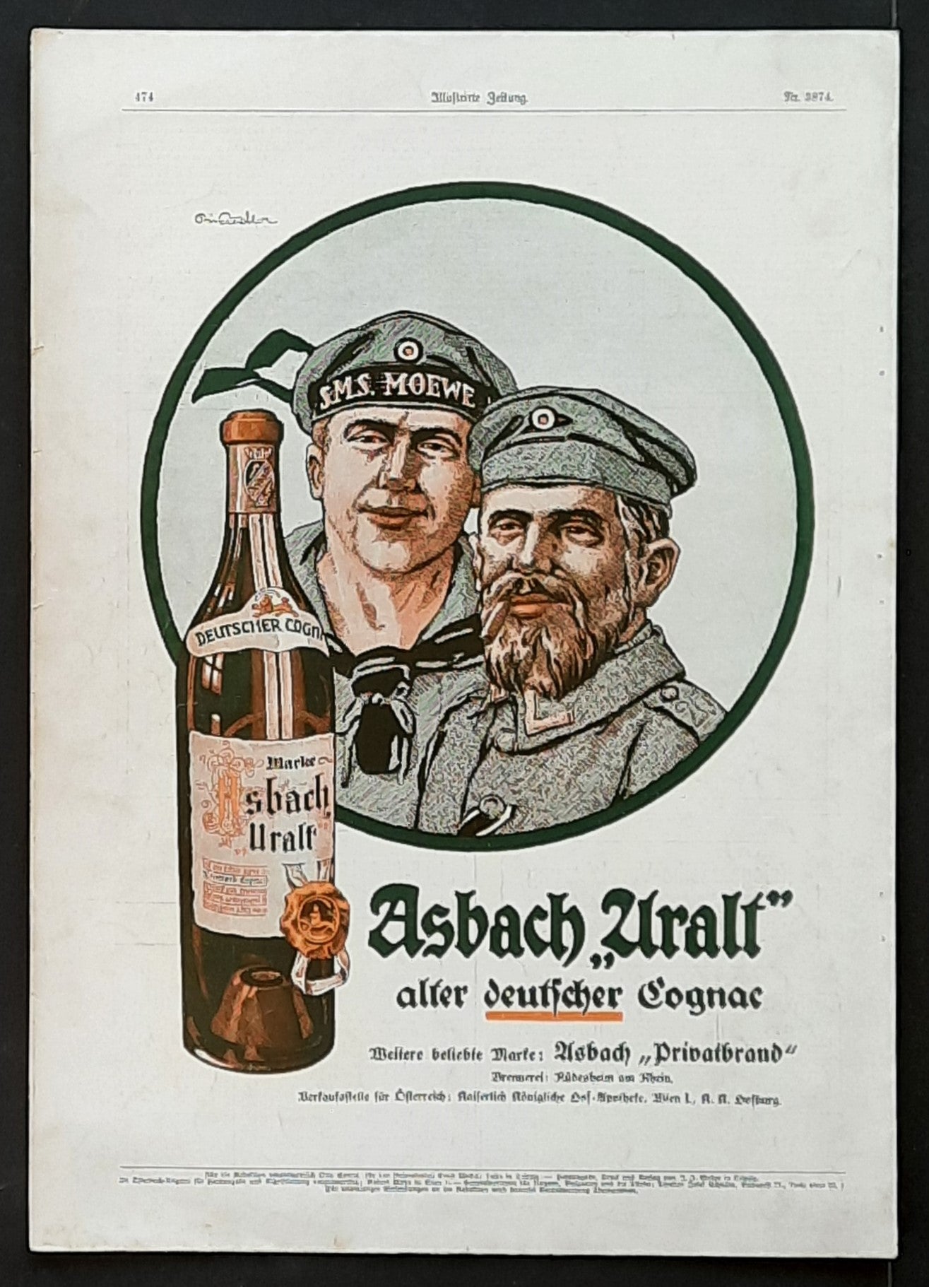 Newspaper advertisement for ASBACH URALT Cognac Germany 1915