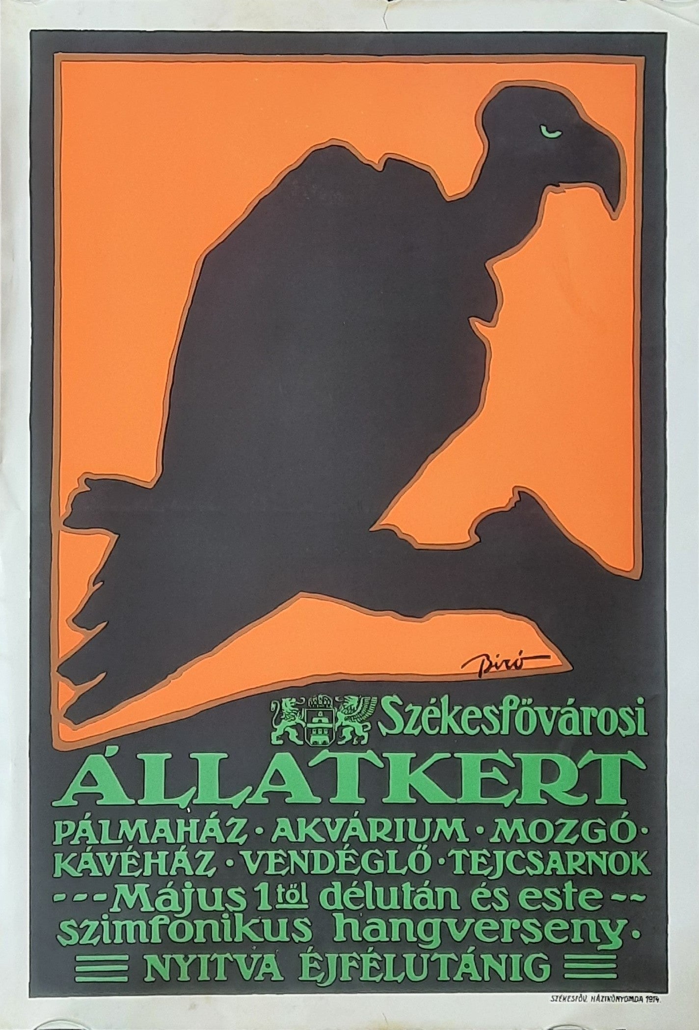BUDAPEST CITY ZOO by Mihály Biró Re 1930 (1914)  Promotion Poster, Budapest Hungary 41x60