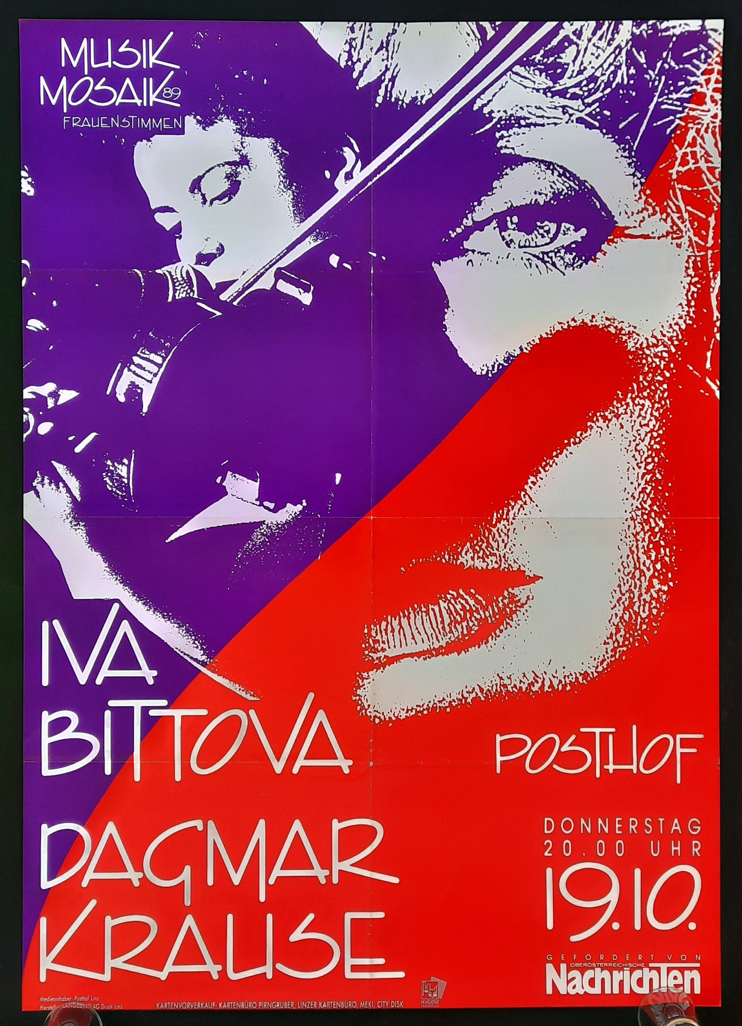 IVA BITTOVA D. KRAUSE 1990 Concert Poster Oct 19th Linz Austria 1st print