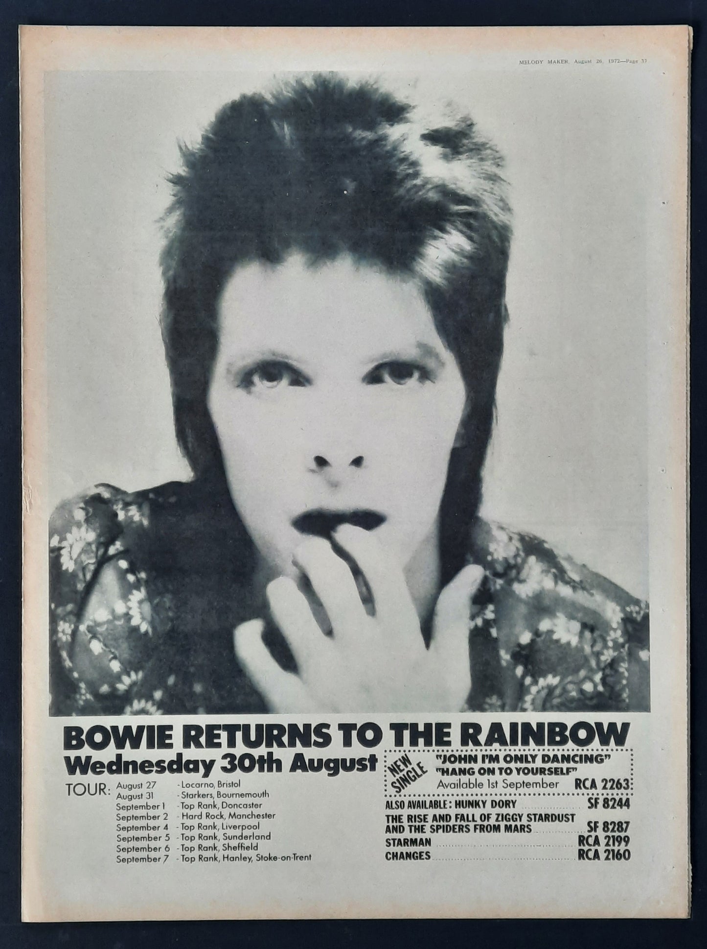 DAVID BOWIE 1972 Concert Poster/Press Ad "Bowie Returns To The Rainbow"