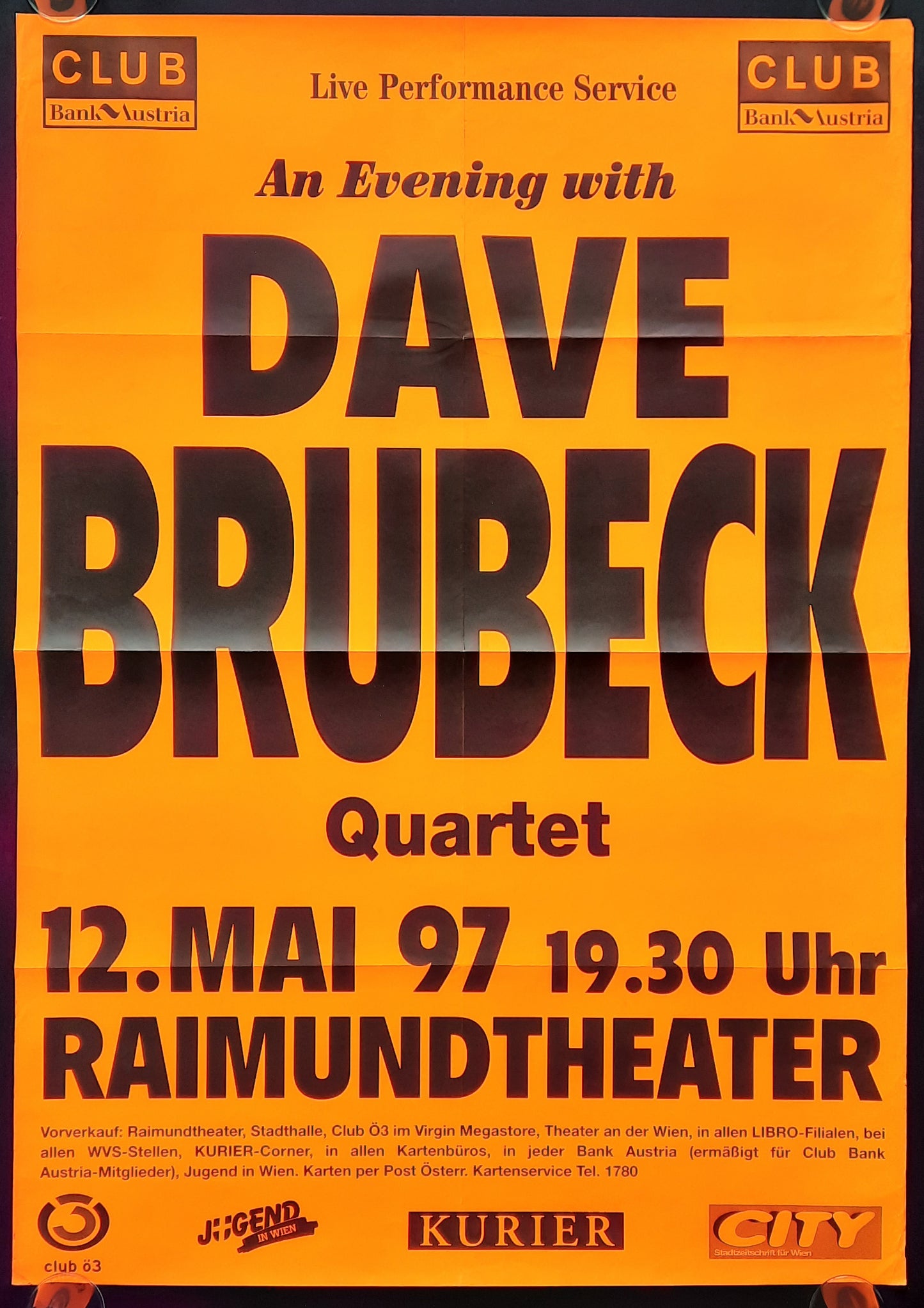 DAVE BRUBECK 1997 Concert Poster May 12th Vienna Austria 1st print