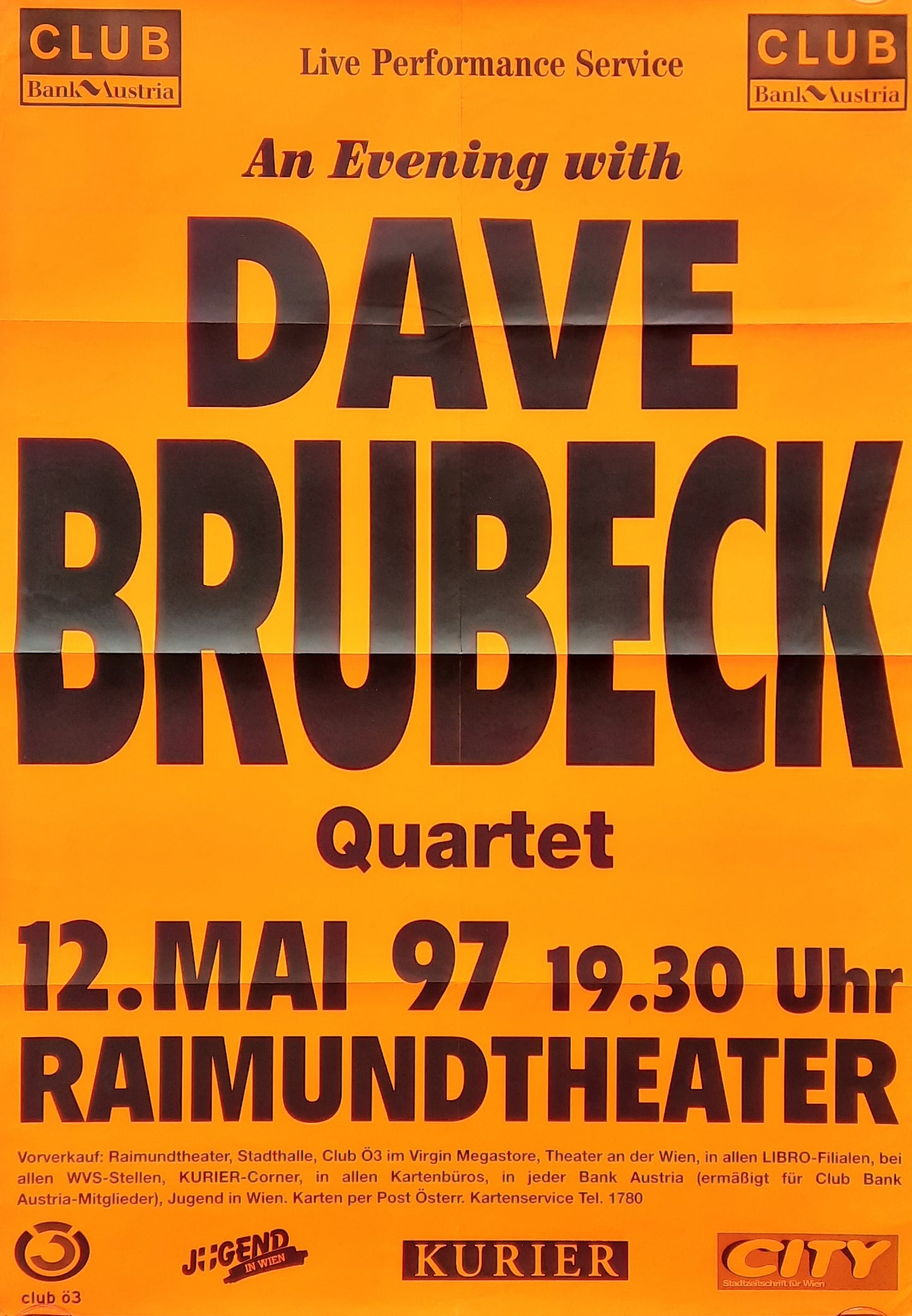 DAVE BRUBECK 1997 Concert Poster May 12th Vienna Austria 1st print