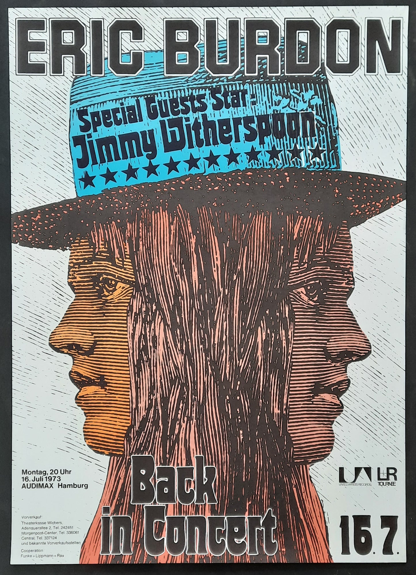 ERIC BURDON 1973 Concert Poster July 16th Hamburg Germany 1st pr. by Kieser