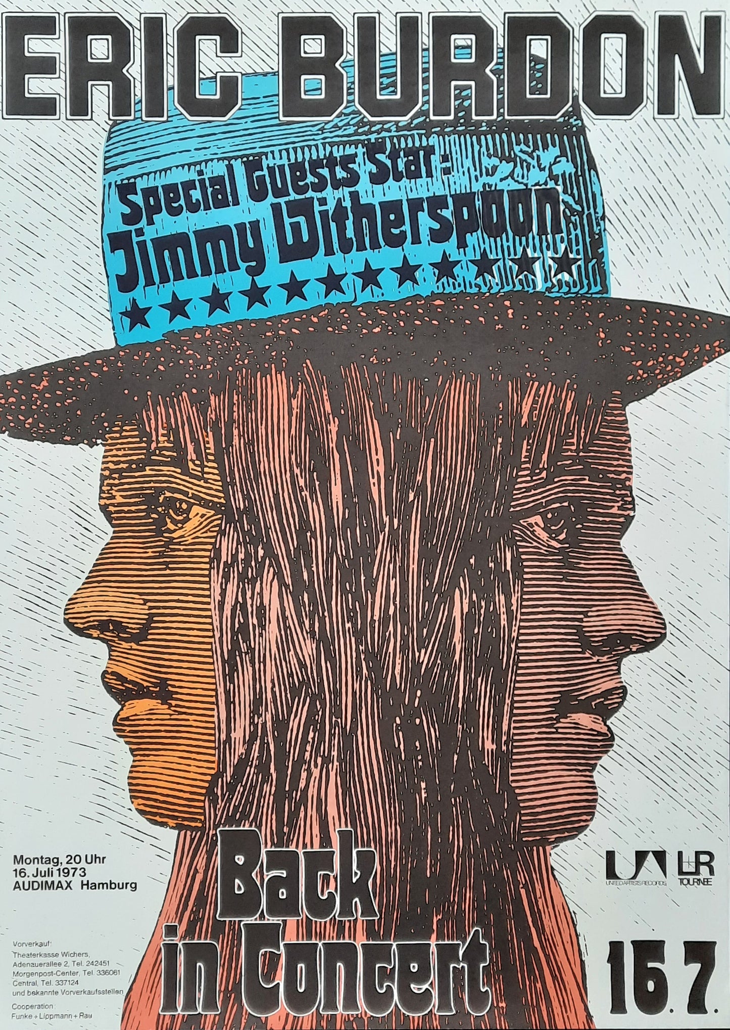 ERIC BURDON 1973 Concert Poster July 16th Hamburg Germany 1st pr. by Kieser