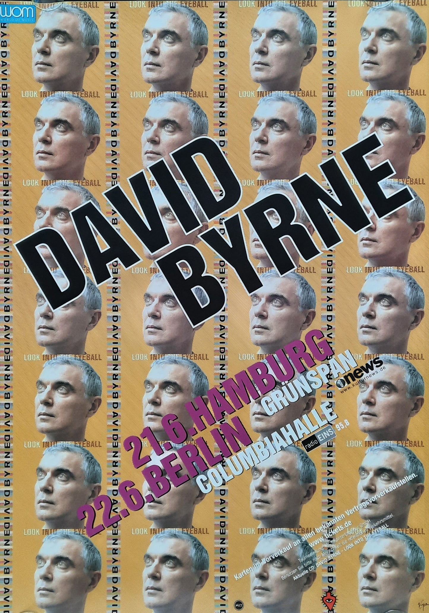 DAVID BYRNE 2001 Concert Poster Germany Hamburg Berlin Jun 21/22 1st Print