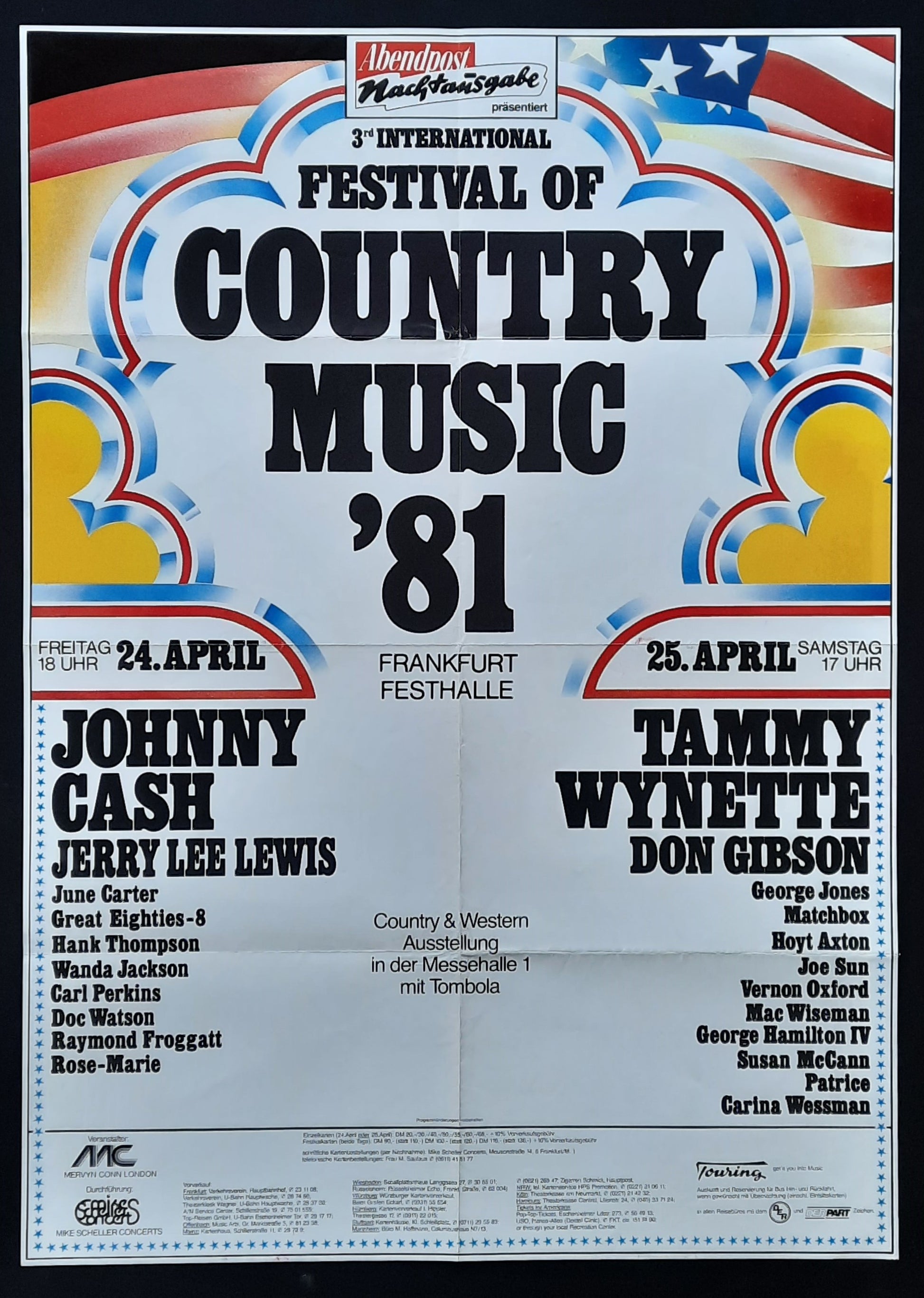 COUNTRY MUSIC FESTIVAL Original Concert Poster 1981 April 24, 1981 Frankfurt Germany CASH LEWIS WYNETTE