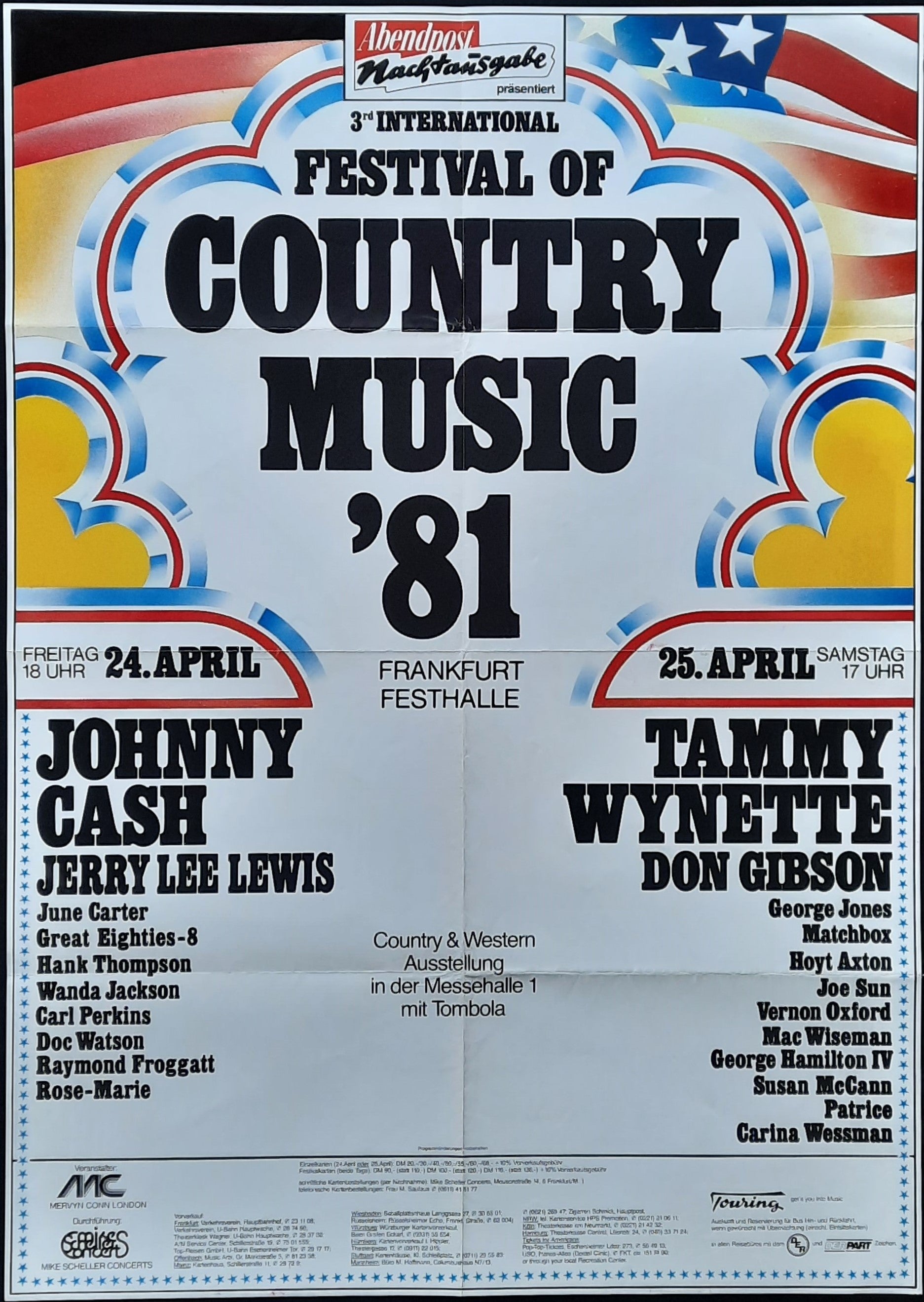 COUNTRY MUSIC FESTIVAL Original Concert Poster 1981 April 24, 1981 Frankfurt Germany CASH LEWIS WYNETTE 1