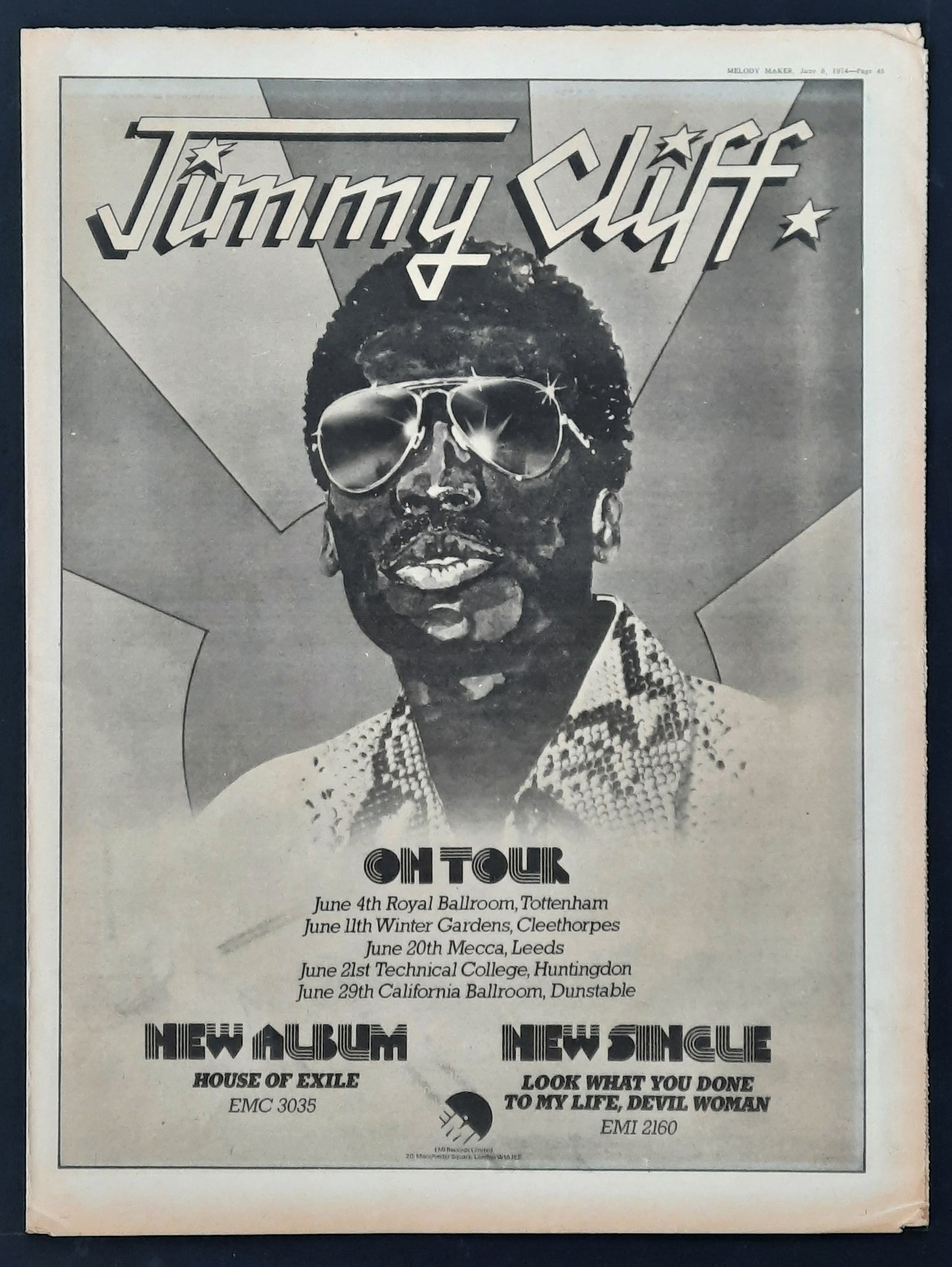 JIMMY CLIFF 1972 Poster/Press Ad UK Tour "House Of Exile"