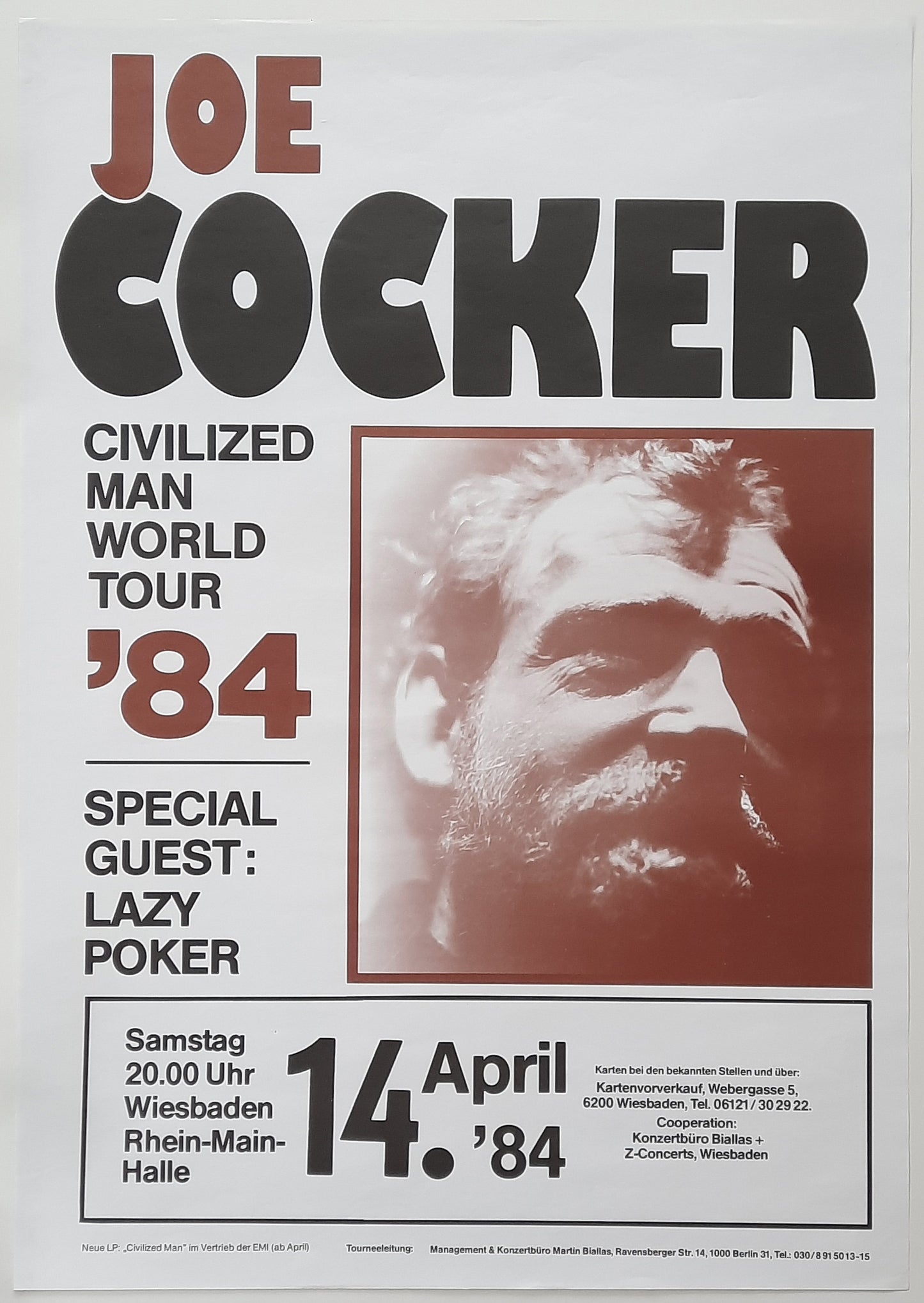 JOE COCKER 1984 Concert Poster Apr 14th Wiesbaden Germany 1st print