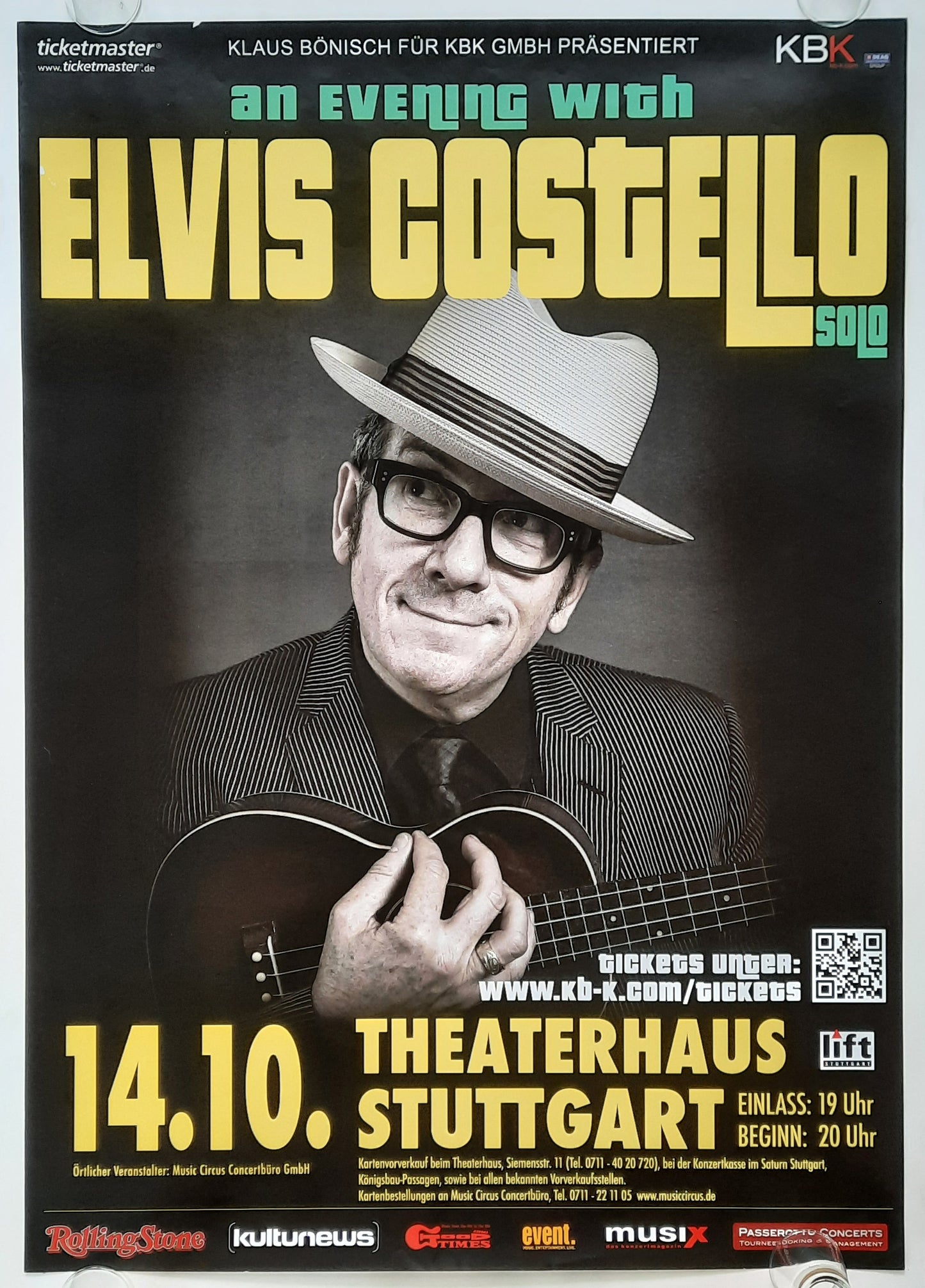 ELVIS COSTELLO 2014 Concert Poster Oct 10th Stuttgart Germany 1st Print