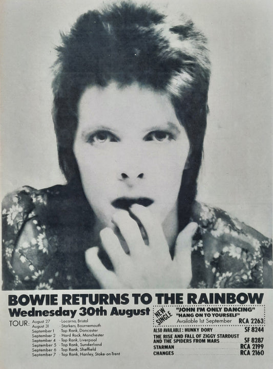 DAVID BOWIE Original Concert Press Ad/Poster 1972 "Bowie Returns To The Rainbow"