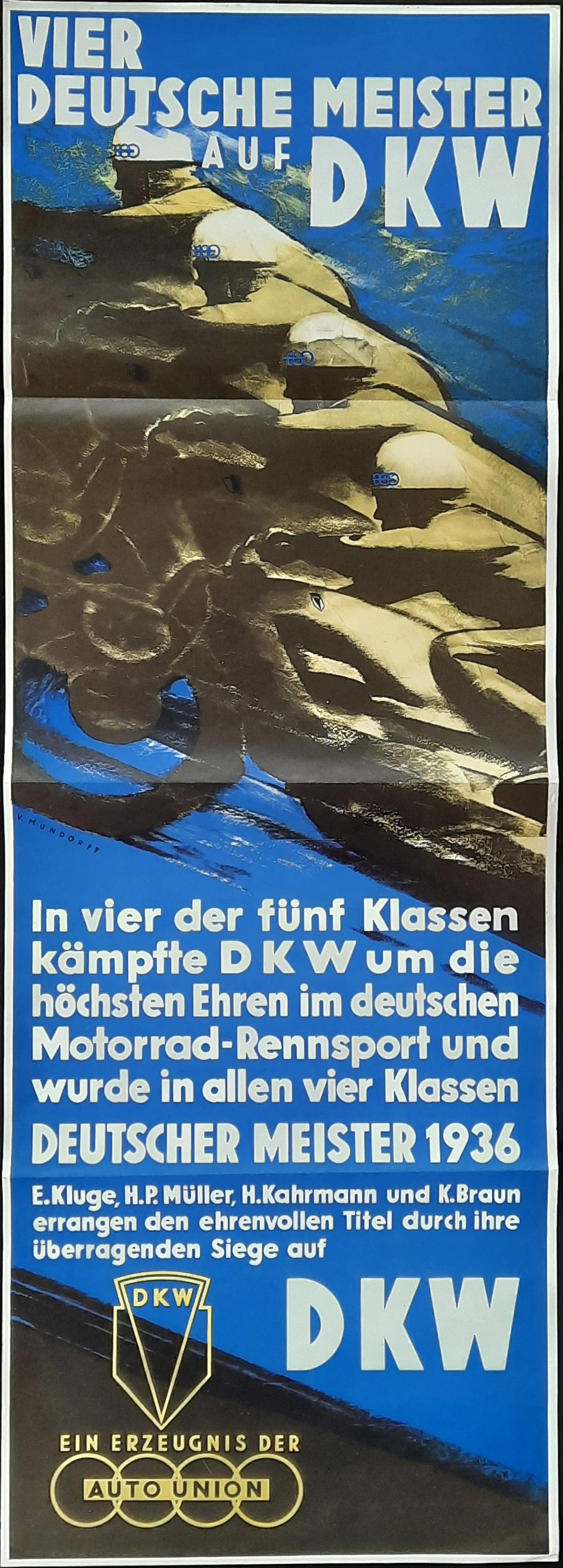 DKW - AUTO UNION Original Advertising Poster 1936 Motorcycling