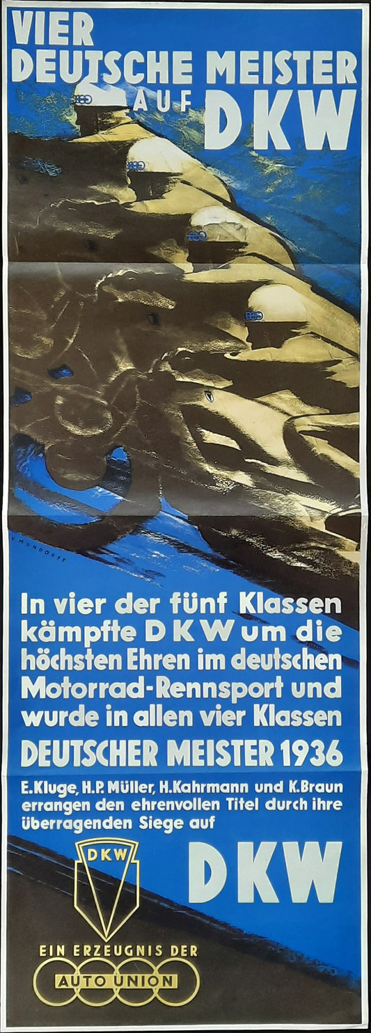 DKW - AUTO UNION Original Advertising Poster 1936 Motorcycling