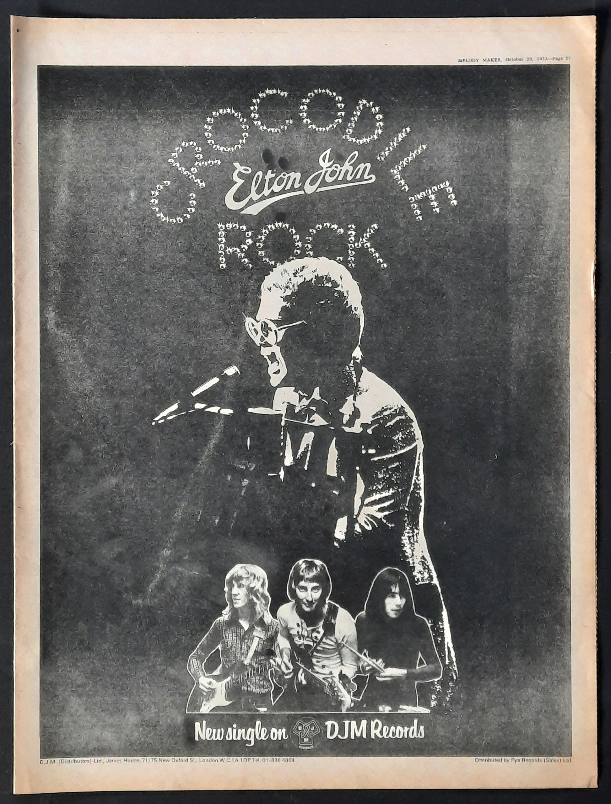 ELTON JOHN Original Press Ad/Poster - 1972 Single "Crocodile Rock" 1