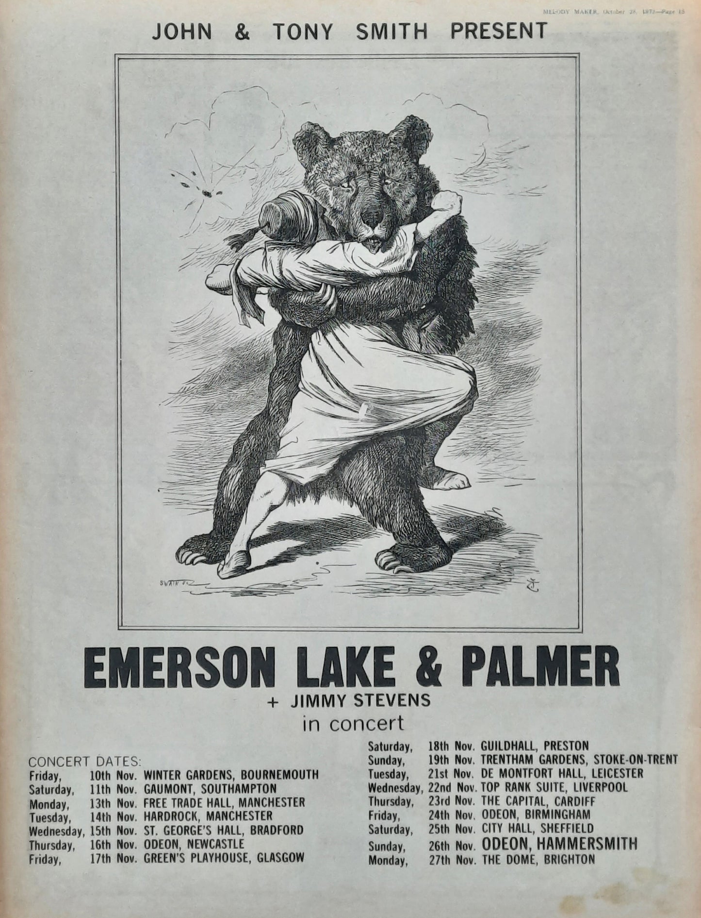 EMERSON LAKE & PALMER Original Press Ad/Poster 1972 UK Tour