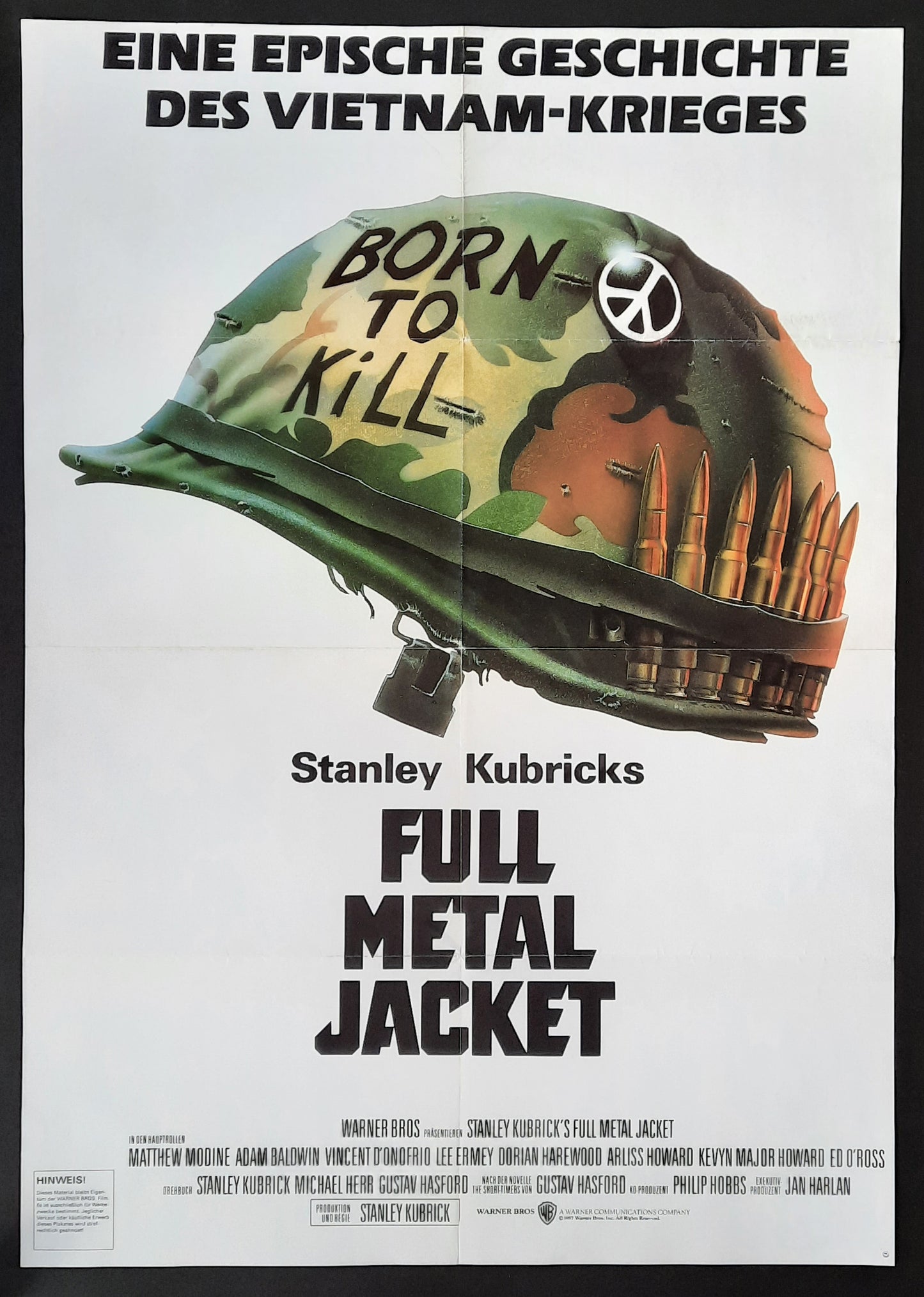 FULL METAL JACKET original movie poster, 1987 release, featuring a soldier's helmet with 'Born to Kill' text.