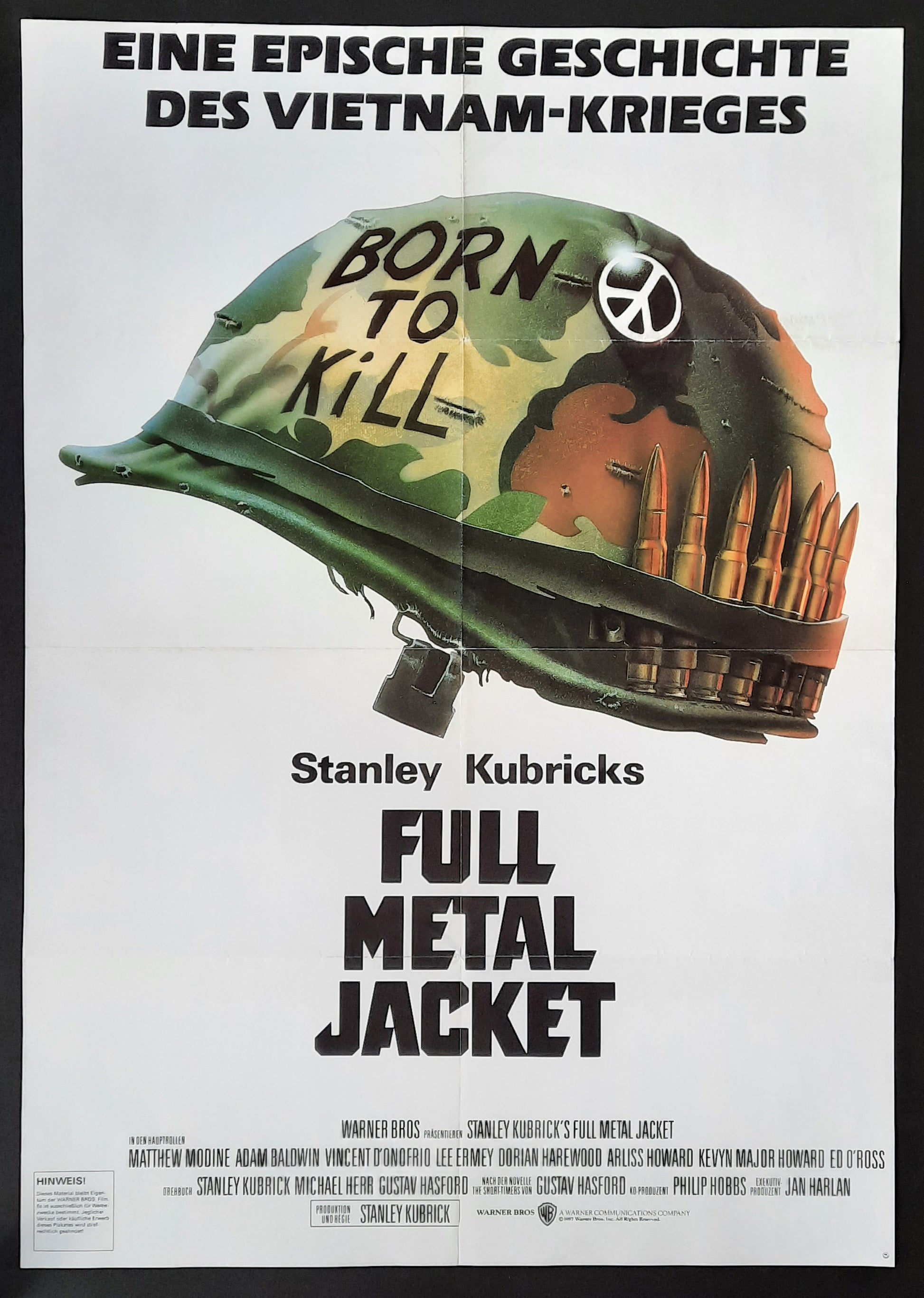 FULL METAL JACKET original movie poster, 1987 release, featuring a soldier's helmet with 'Born to Kill' text.
