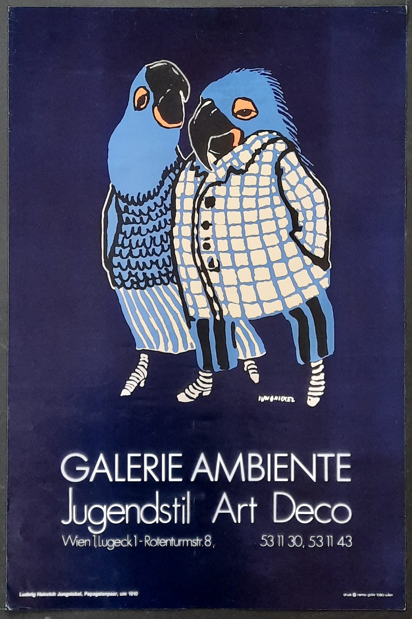GALERIE AMBIENTE 1980s Original Advertising Poster  -  Parrot Couple by Ludwig Heinrich Jungnickel