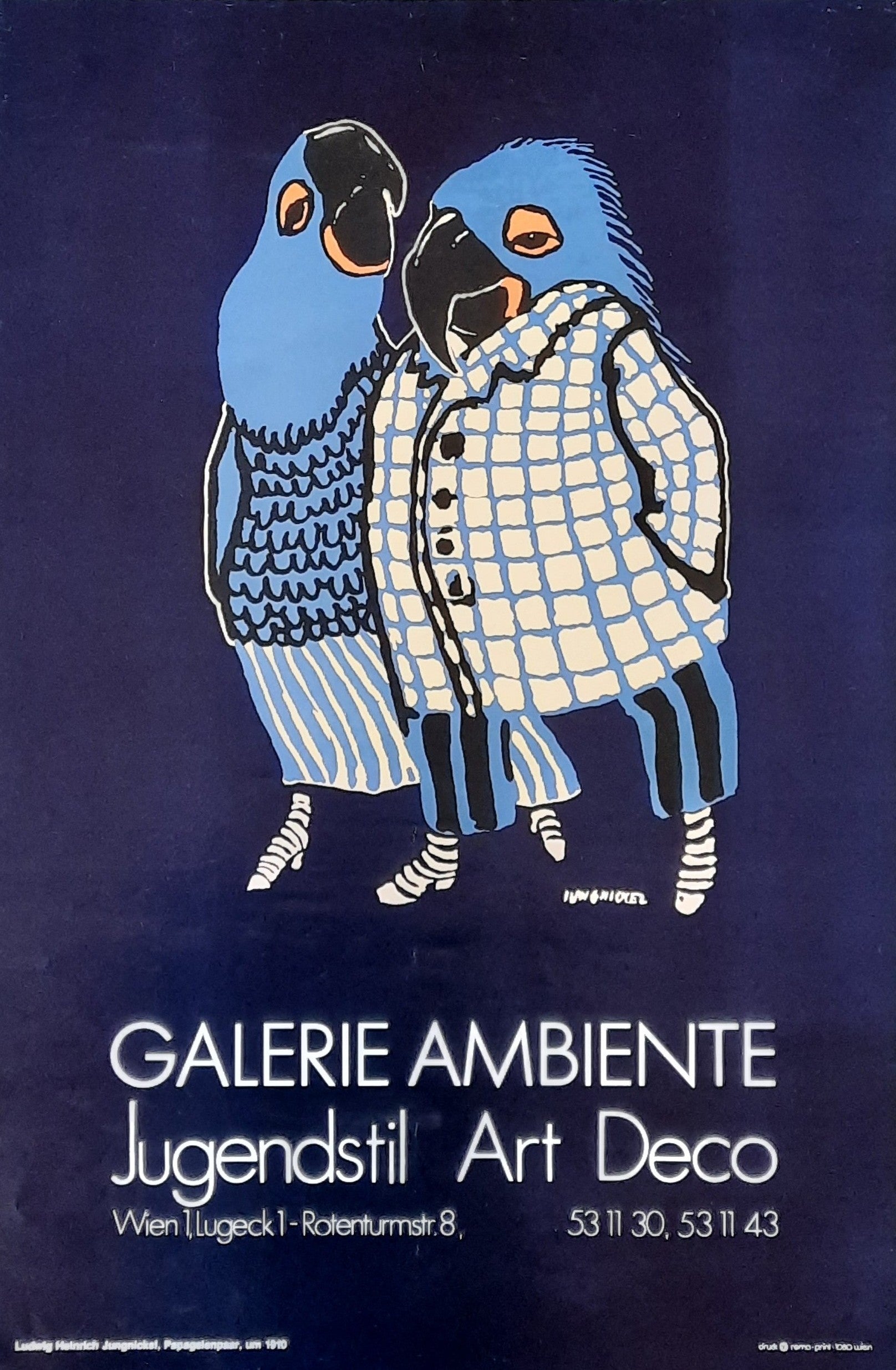 GALERIE AMBIENTE 1980s Original Advertising Poster  -  Parrot Couple by Ludwig Heinrich Jungnickel