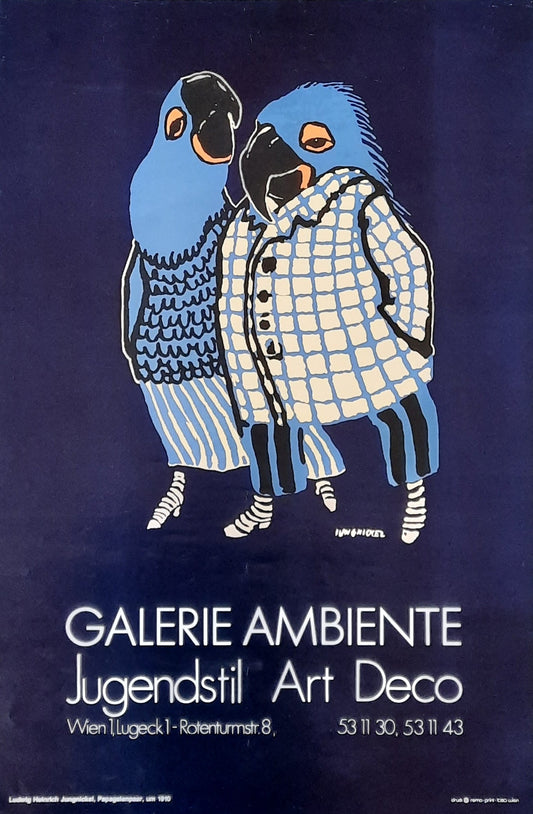 GALERIE AMBIENTE 1980s Original Advertising Poster  -  Parrot Couple by Ludwig Heinrich Jungnickel