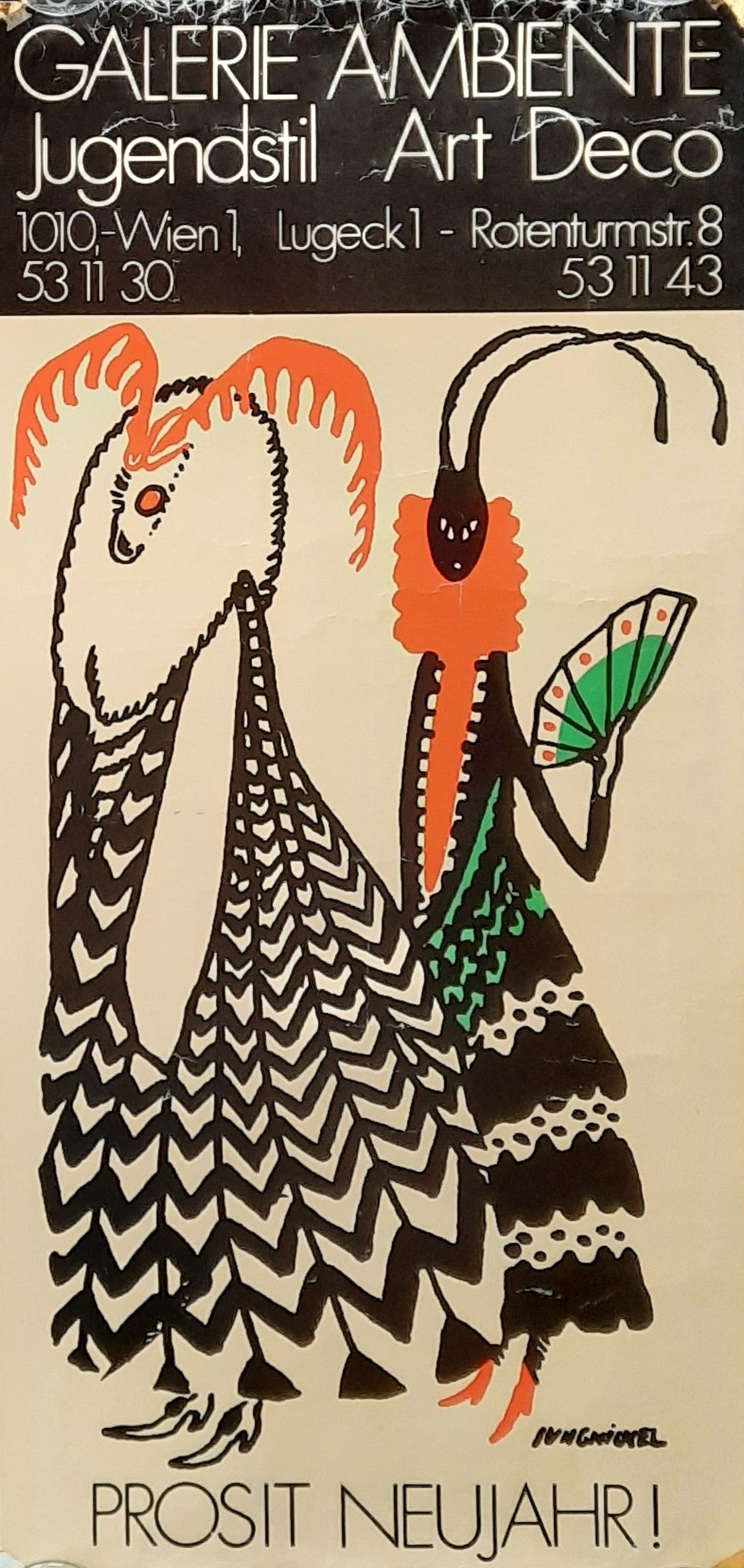 GALERIE AMBIENTE Original Advertising Poster 1980 Jugendstil Vienna Austria NEW YEAR 30x62,5 (2) 1