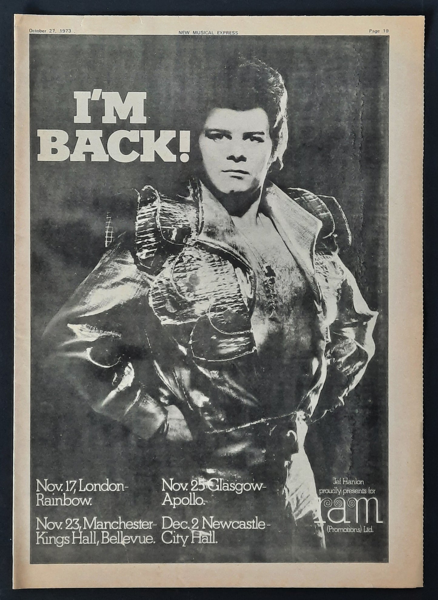 GARY GLITTER Original Press Ad/Poster 1973  Concert "London, Glasgow, Newcastle..." 1