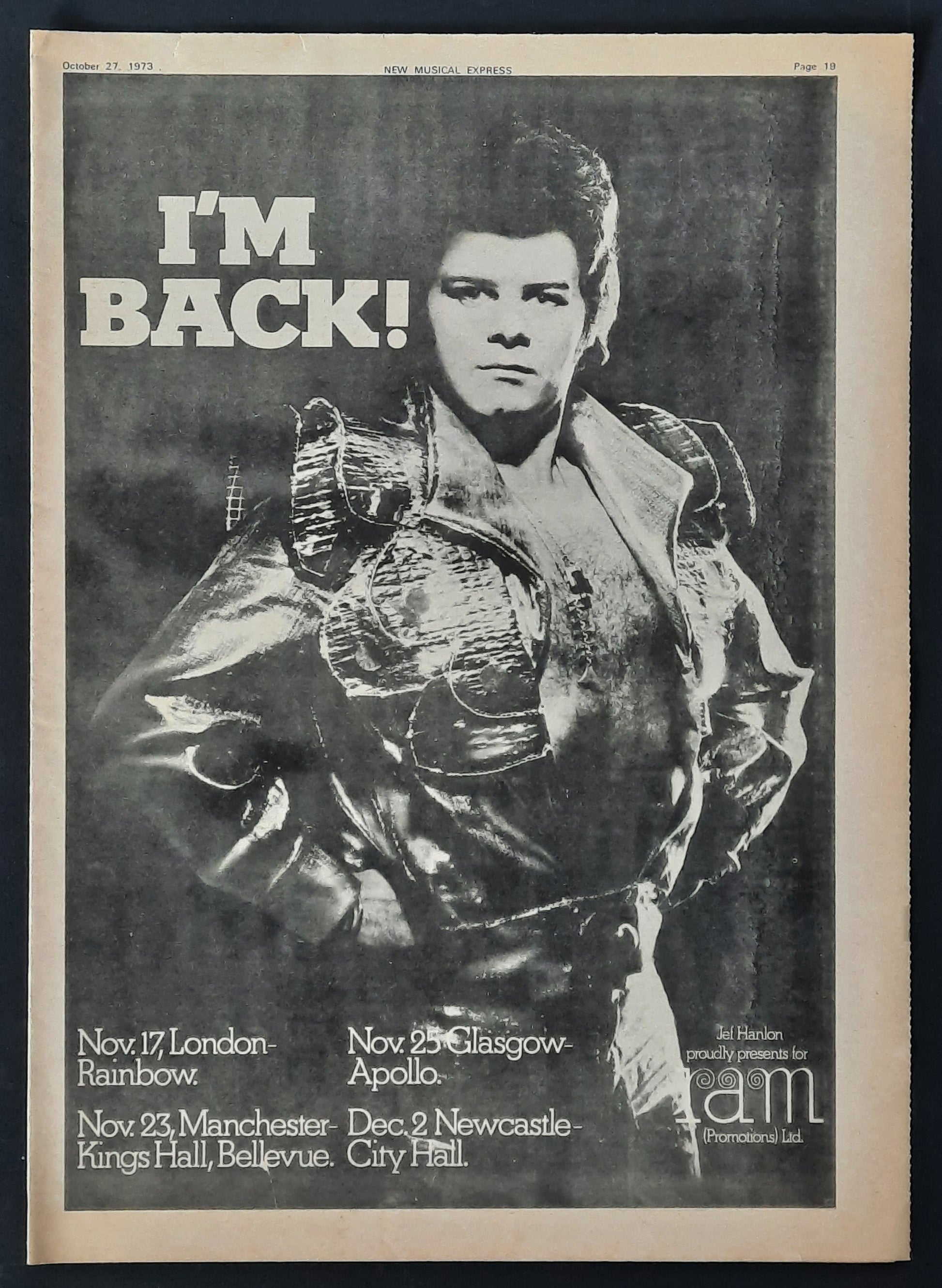 GARY GLITTER Original Press Ad/Poster 1973  Concert "London, Glasgow, Newcastle..." 1