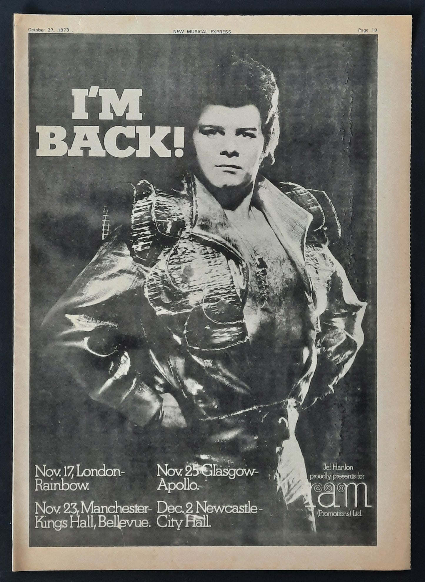 GARY GLITTER 1973 Poster/Press Ad Concert "London, Glasgow, Newcastle..."