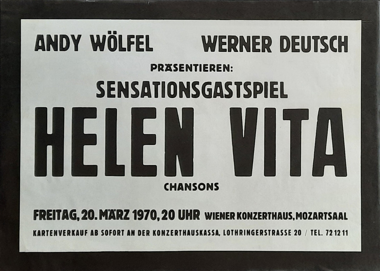 HELEN VITA 1970 Original Concert Poster - March 20 Vienna Austria