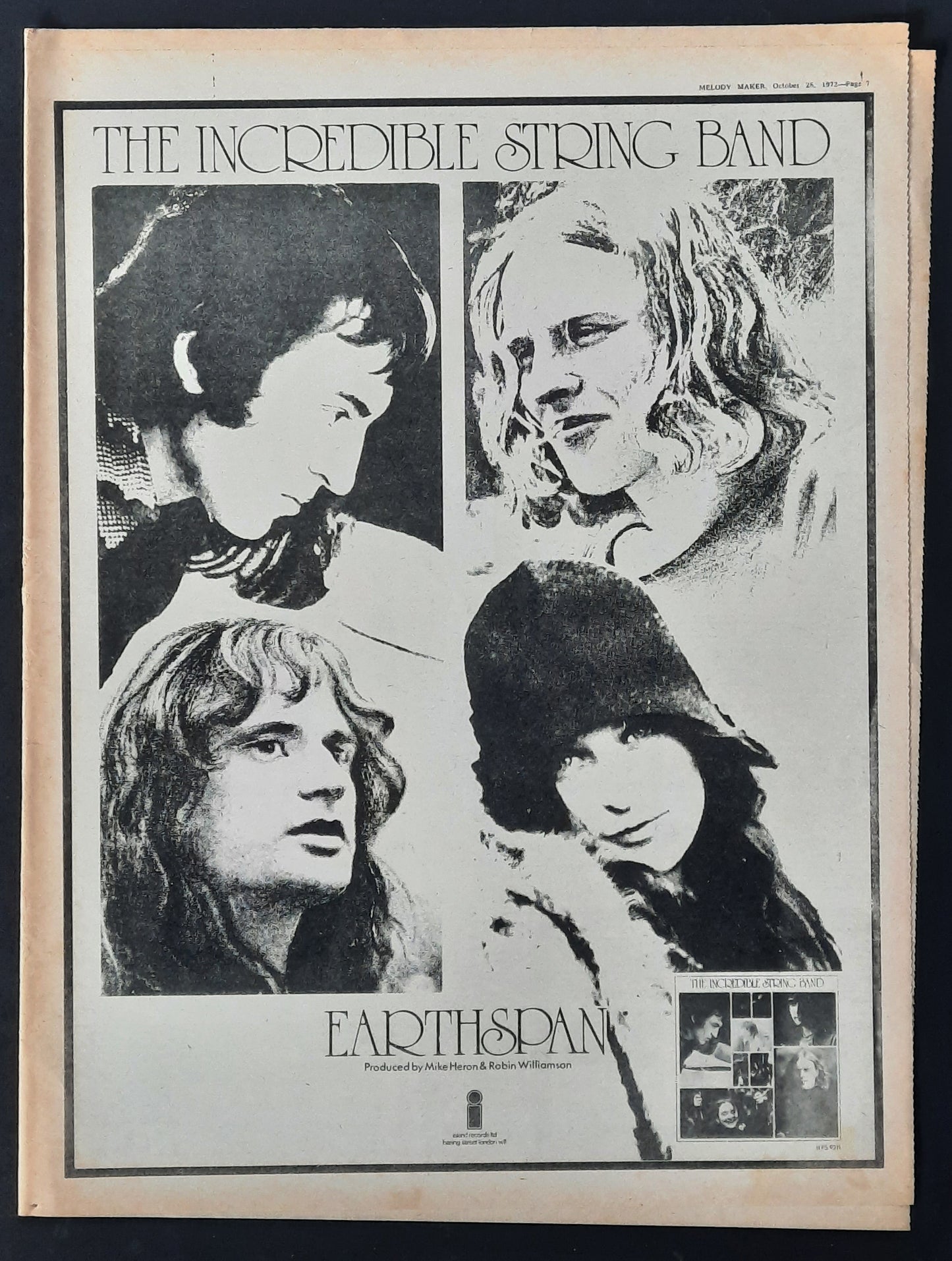 INCREDIBLE STRING BAND 1972 Poster/Press Ad Album "Earthspan"